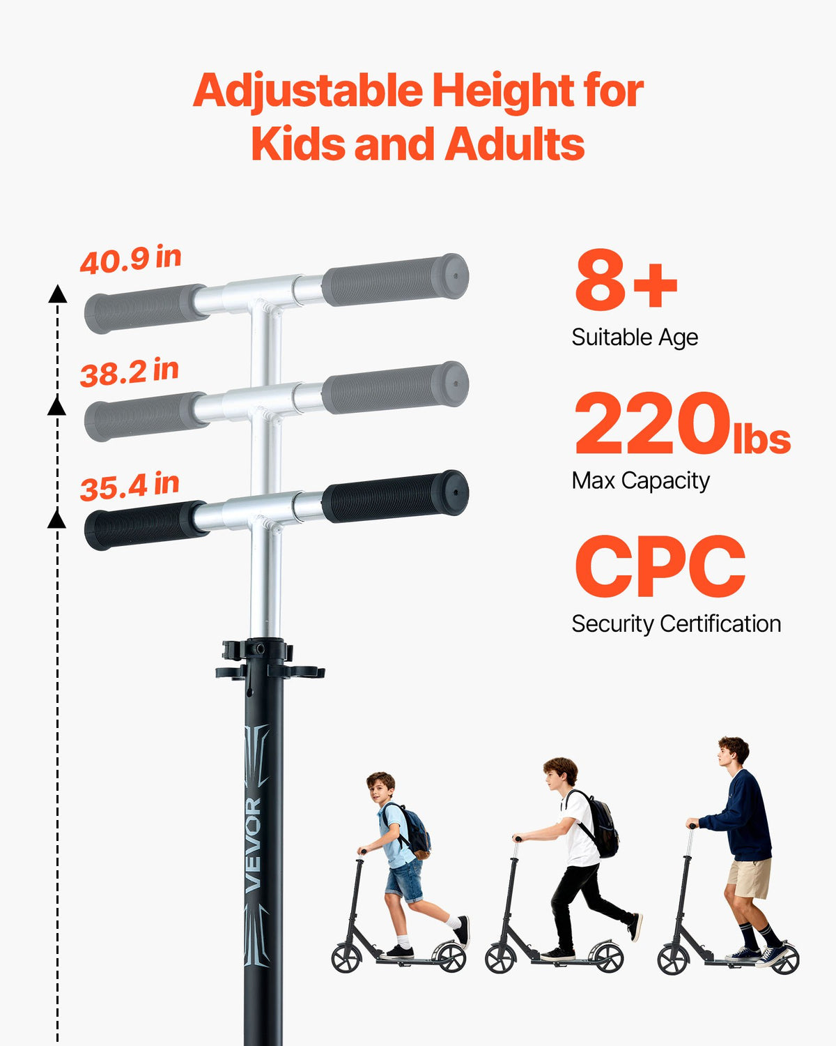 VEVOR Kick Scooter for Kids Ages 8+, Teens & Adults, 2-Wheel Toddler Scooter with Adjustable Height Handlebar, Wide Anti-Slip Deck, Foldable Lightweight Frame for Boys & Girls up to 99.8 kg, Black