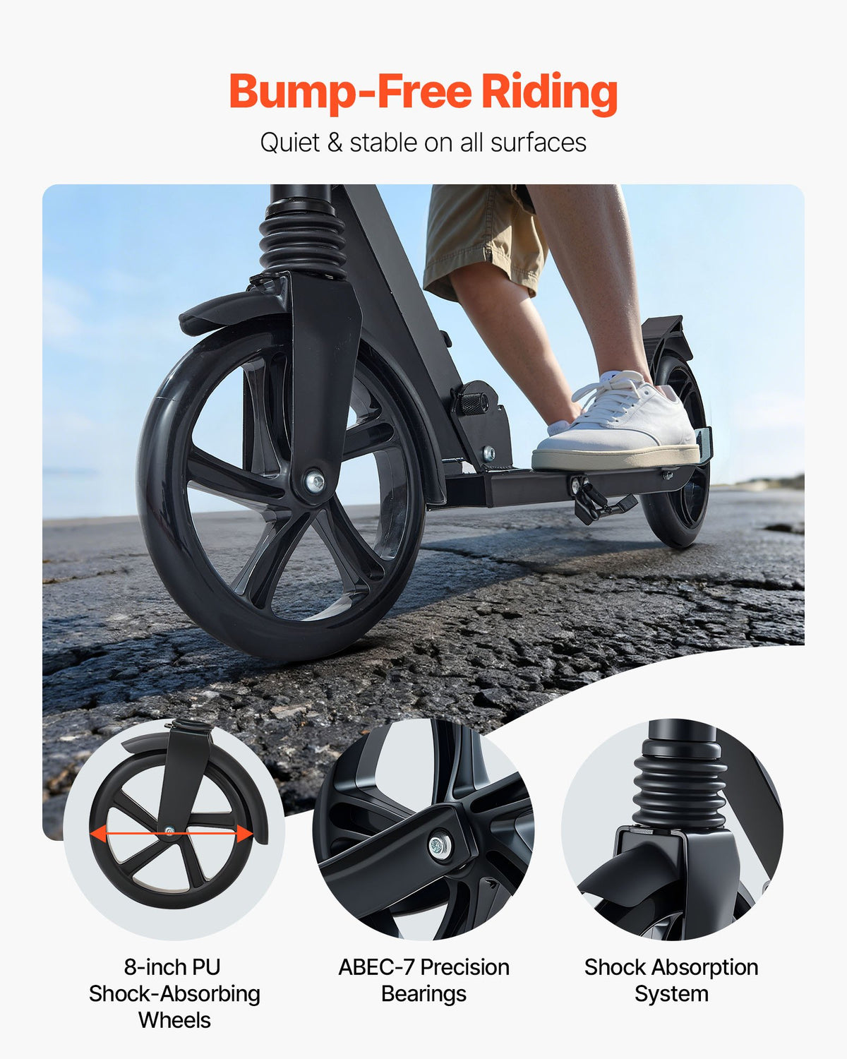 VEVOR Kick Scooter for Kids Ages 8+, Teens & Adults, 2-Wheel Toddler Scooter with Adjustable Height Handlebar, Wide Anti-Slip Deck, Foldable Lightweight Frame for Boys & Girls up to 99.8 kg, Black