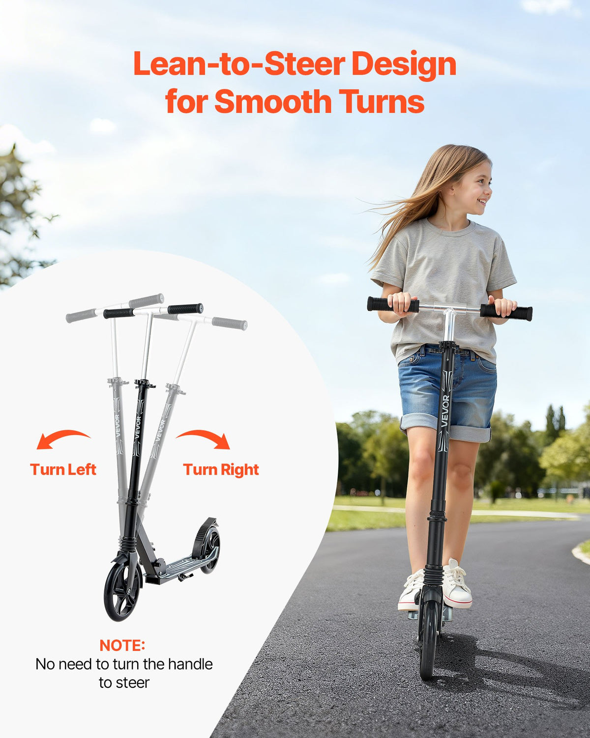 VEVOR Kick Scooter for Kids Ages 8+, Teens & Adults, 2-Wheel Toddler Scooter with Adjustable Height Handlebar, Wide Anti-Slip Deck, Foldable Lightweight Frame for Boys & Girls up to 99.8 kg, Black