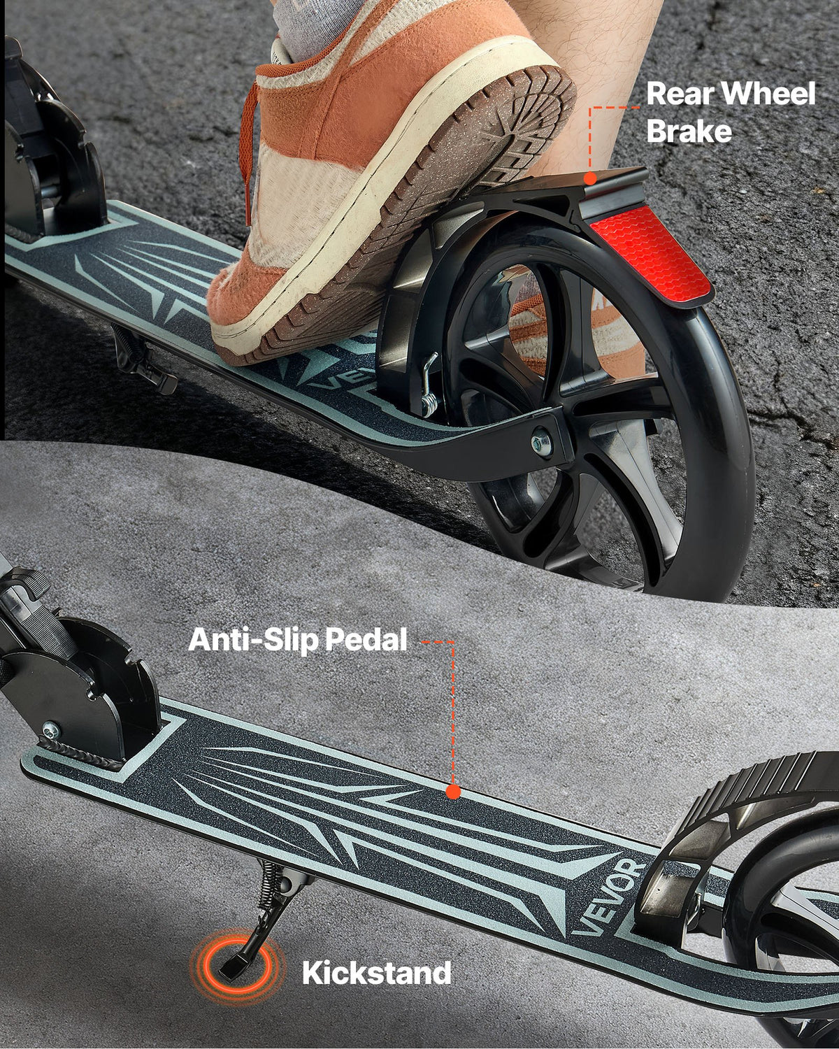 VEVOR Kick Scooter for Kids Ages 8+, Teens & Adults, 2-Wheel Toddler Scooter with Adjustable Height Handlebar, Wide Anti-Slip Deck, Foldable Lightweight Frame for Boys & Girls up to 99.8 kg, Black