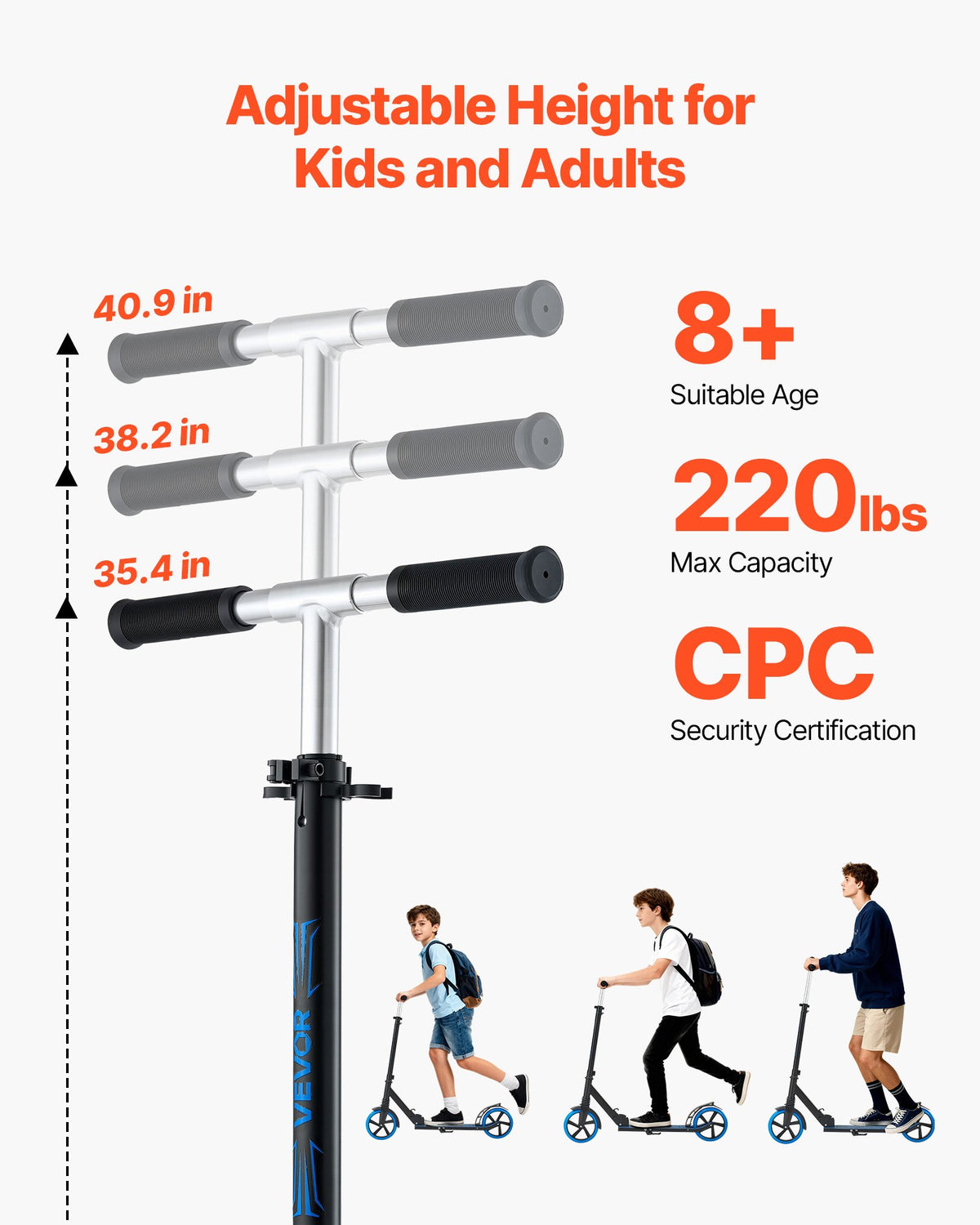 VEVOR Kick Scooter for Kids Ages 8+, Teens & Adults, 2-Wheel Toddler Scooter with Adjustable Height Handlebar, Wide Anti-Slip Deck, Foldable Lightweight Frame for Boys and Girls up to 99.8 kg, Blue