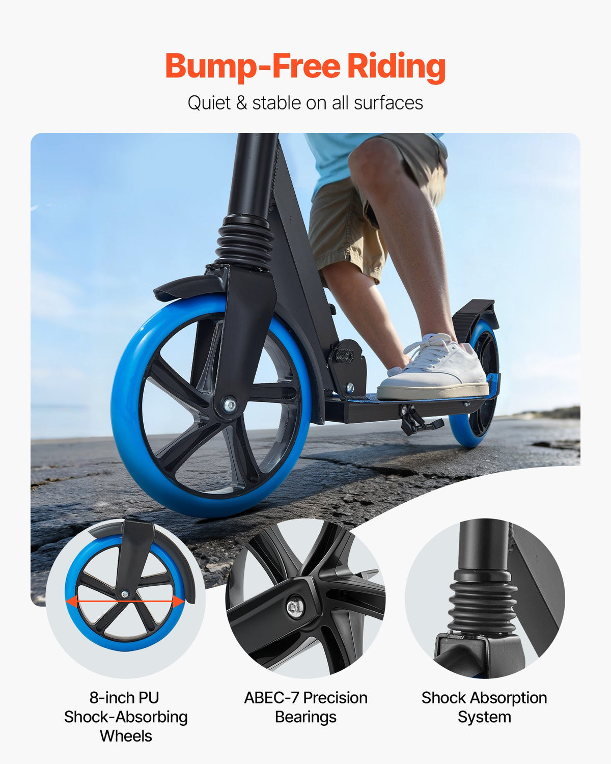 VEVOR Kick Scooter for Kids Ages 8+, Teens & Adults, 2-Wheel Toddler Scooter with Adjustable Height Handlebar, Wide Anti-Slip Deck, Foldable Lightweight Frame for Boys and Girls up to 99.8 kg, Blue