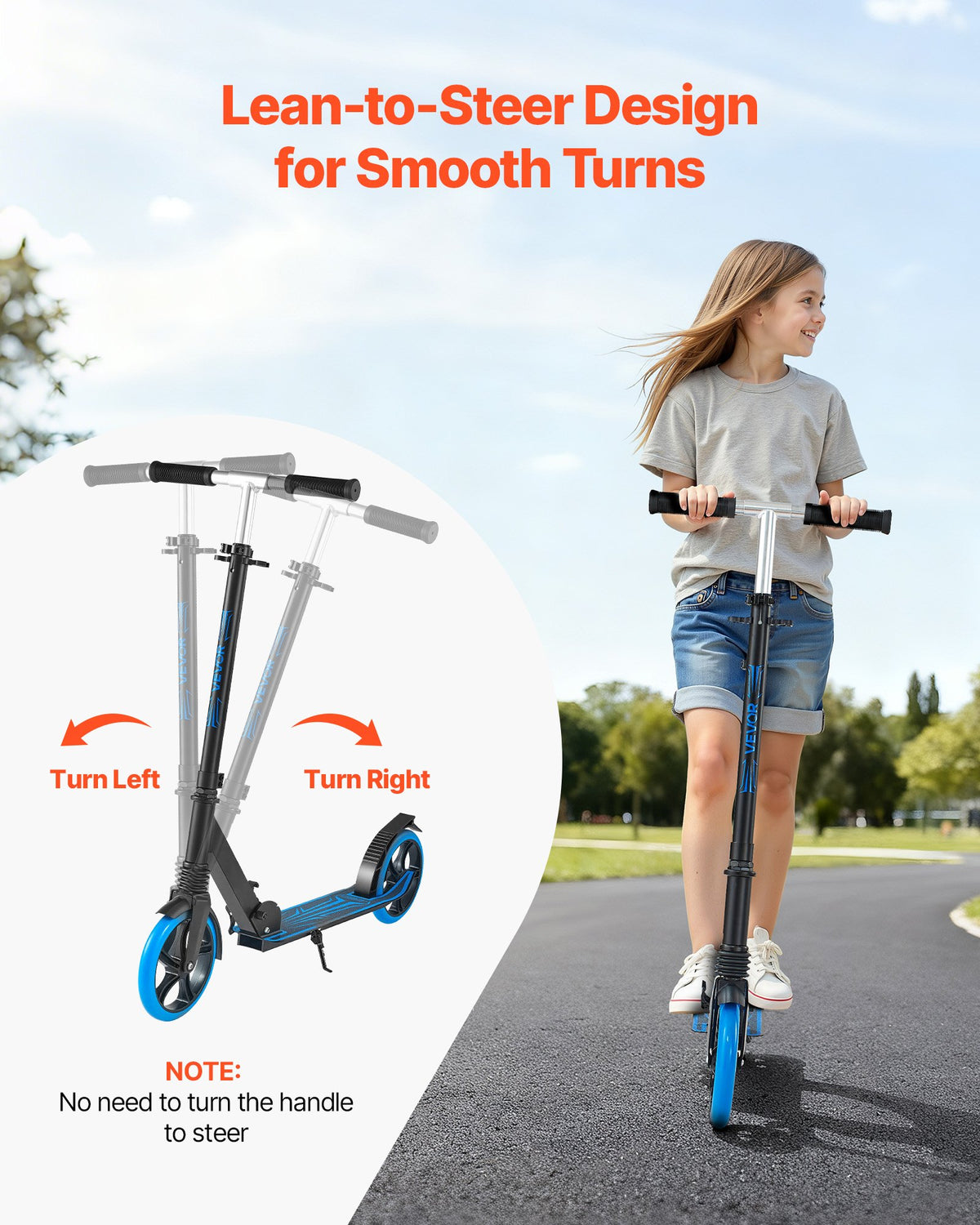 VEVOR Kick Scooter for Kids Ages 8+, Teens & Adults, 2-Wheel Toddler Scooter with Adjustable Height Handlebar, Wide Anti-Slip Deck, Foldable Lightweight Frame for Boys and Girls up to 99.8 kg, Blue