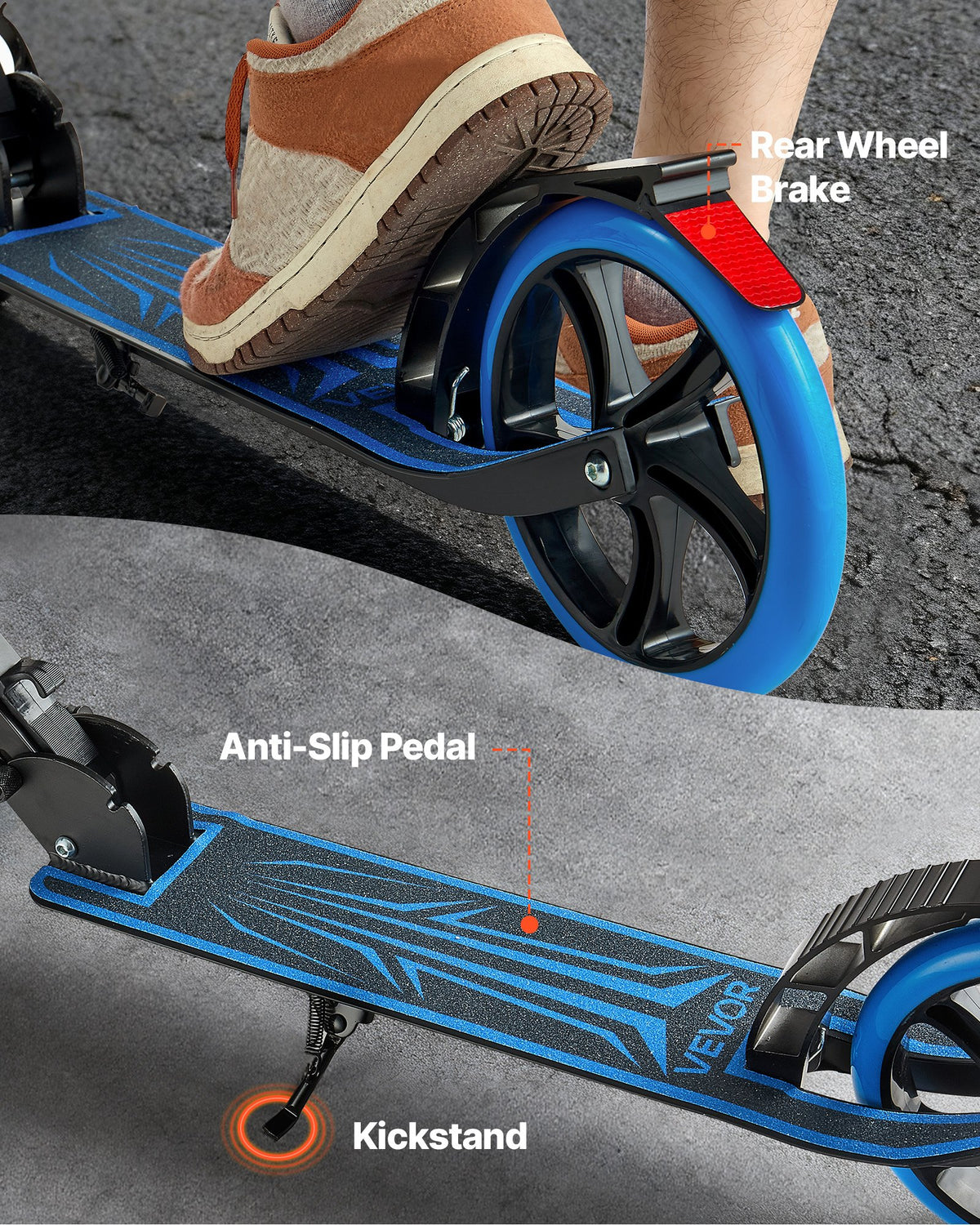 VEVOR Kick Scooter for Kids Ages 8+, Teens & Adults, 2-Wheel Toddler Scooter with Adjustable Height Handlebar, Wide Anti-Slip Deck, Foldable Lightweight Frame for Boys and Girls up to 99.8 kg, Blue