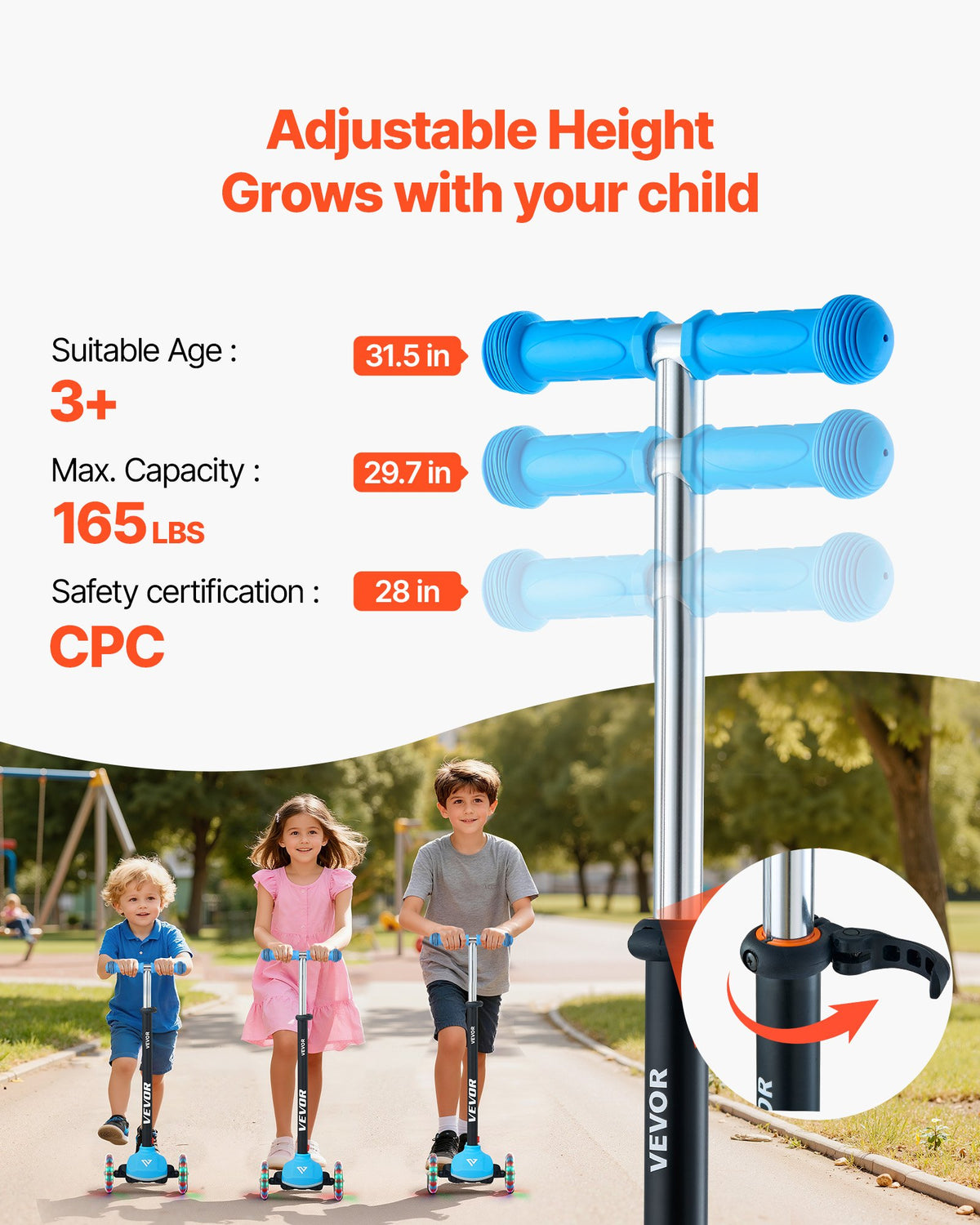 VEVOR Kick Scooter for Kids Ages 3+, 3-Wheel Toddler Scooter with Light-Up Wheels, Adjustable Height Handlebar, Wide Anti-Slip Deck, Lightweight Aluminum Frame for Boys and Girls up to 74.8 kg, Blue