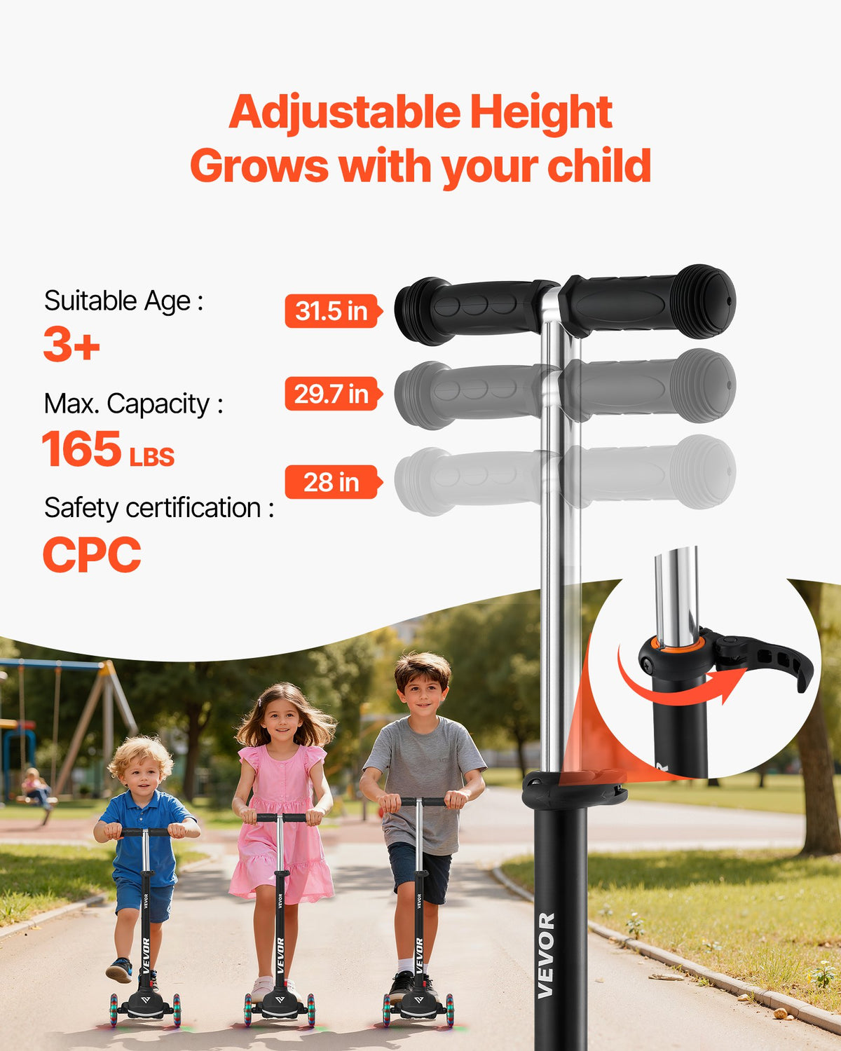 VEVOR Kick Scooter for Kids Ages 3+, 3-Wheel Toddler Scooter with Light-Up Wheels, Adjustable Height Handlebar, Wide Anti-Slip Deck, Lightweight Aluminum Frame for Boys & Girls up to 74.8 kg, Black