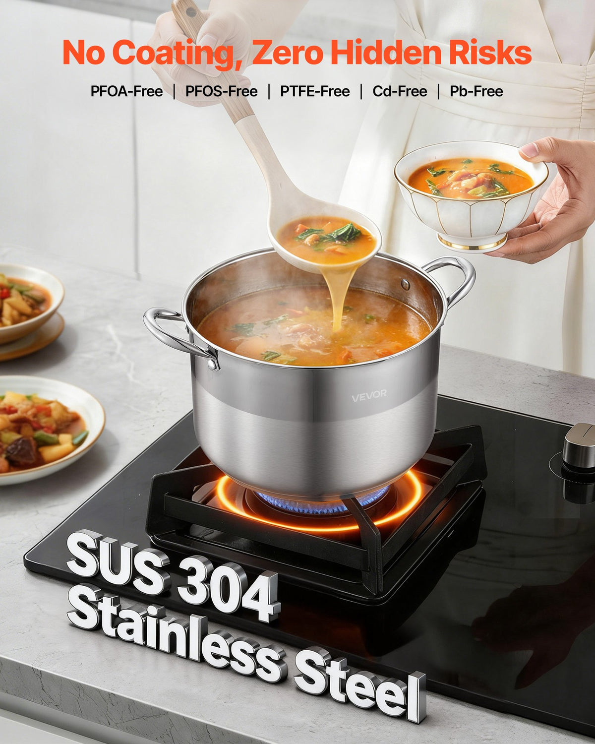 VEVOR Stainless Steel Stock Pot, 12-Quart Stainless Steel Stockpot with Glass Lid, PFOA-Free, PFAS-Free, Compatible with Gas Stoves, Induction Cooktops, Electric Stoves, for Soups, Stews, and Pasta