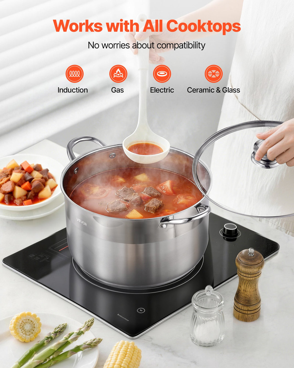 VEVOR Stainless Steel Stock Pot, 12-Quart Stainless Steel Stockpot with Glass Lid, PFOA-Free, PFAS-Free, Compatible with Gas Stoves, Induction Cooktops, Electric Stoves, for Soups, Stews, and Pasta