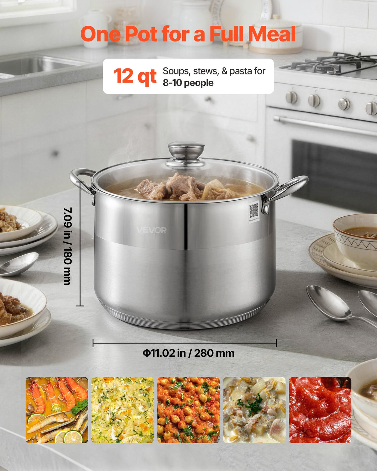 VEVOR Stainless Steel Stock Pot, 12-Quart Stainless Steel Stockpot with Glass Lid, PFOA-Free, PFAS-Free, Compatible with Gas Stoves, Induction Cooktops, Electric Stoves, for Soups, Stews, and Pasta