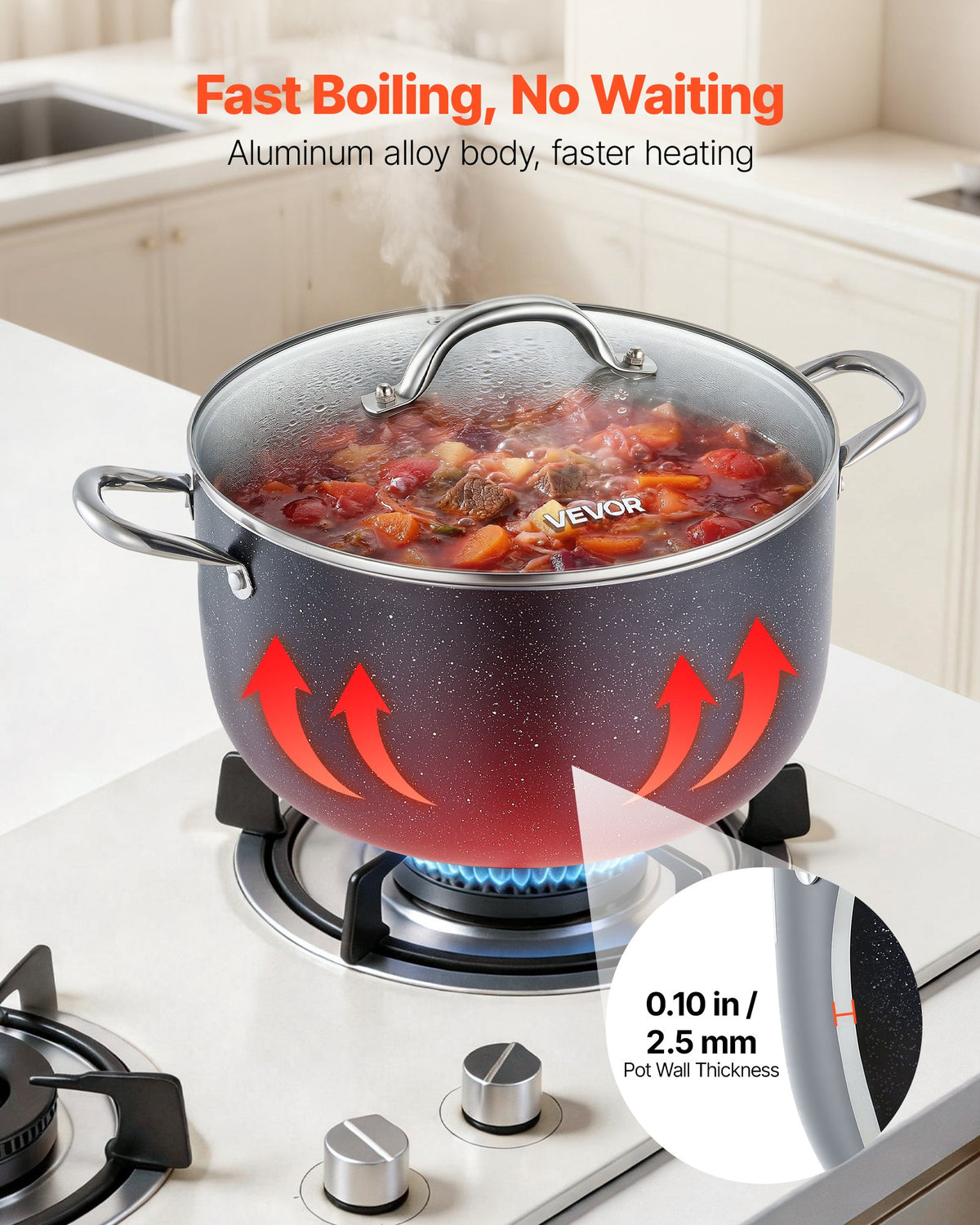 VEVOR Aluminum Stock Pot, 11.4 L Nonstick Ceramic Coated Pot with Glass Lid, PFOA-Free, PFAS-Free, Compatible with Gas Stoves, Induction Cooktops, Electric Stoves, for Soups, Stews, and Pasta