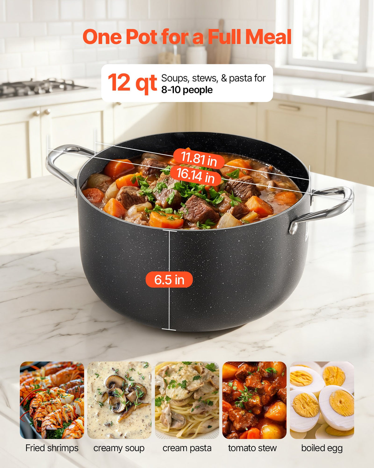 VEVOR Aluminum Stock Pot, 11.4 L Nonstick Ceramic Coated Pot with Glass Lid, PFOA-Free, PFAS-Free, Compatible with Gas Stoves, Induction Cooktops, Electric Stoves, for Soups, Stews, and Pasta