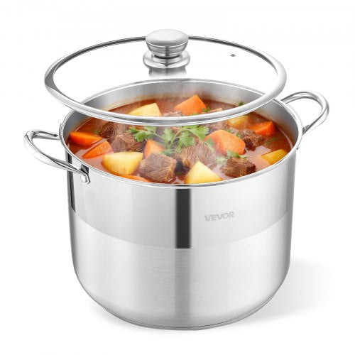 VEVOR Stainless Steel Stock Pot, 15.1 L Stainless Steel Stockpot with Glass Lid, PFOA-Free, PFAS-Free, Compatible with Gas Stoves, Induction Cooktops, Electric Stoves, for Soups, Stews, and Pasta