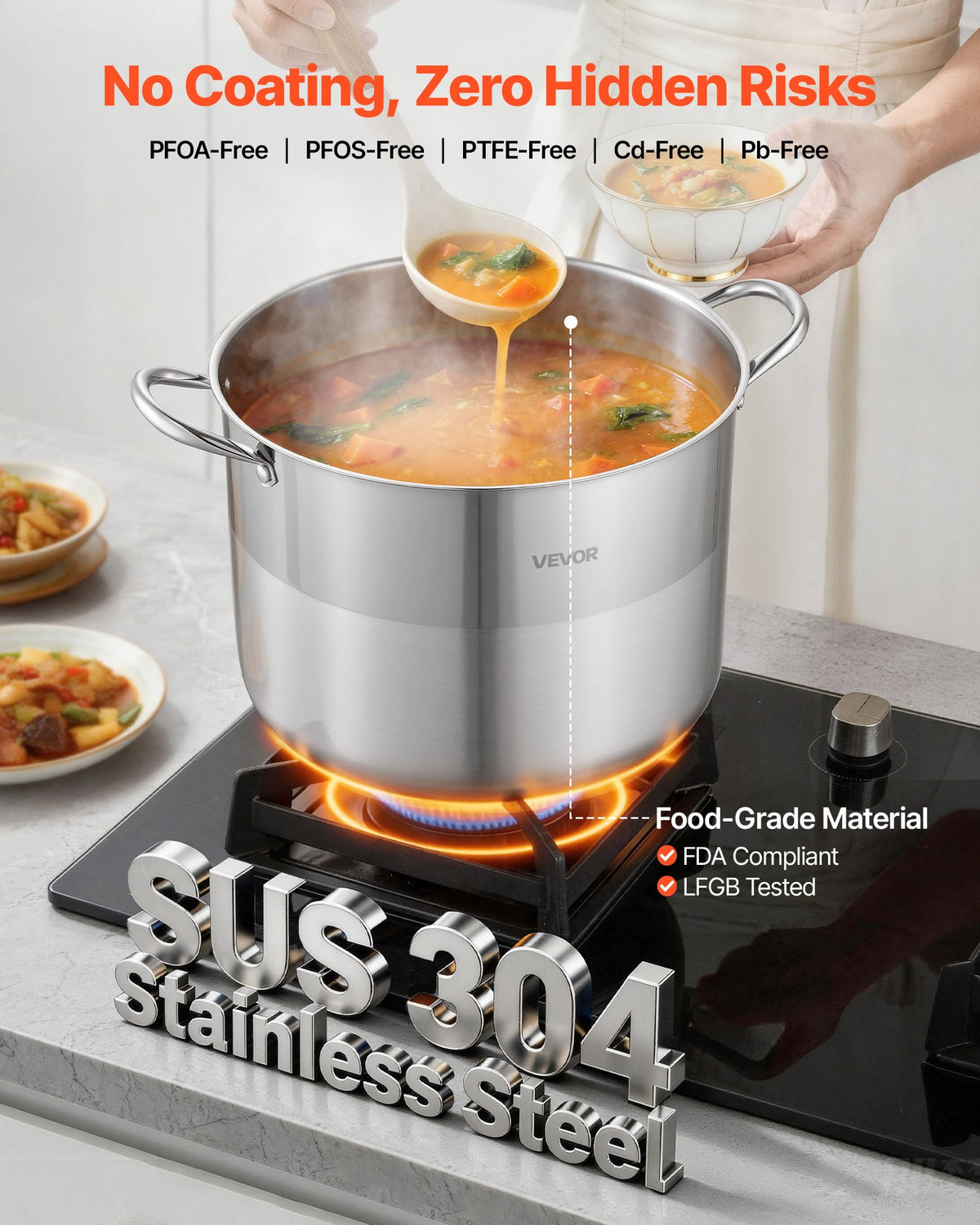 VEVOR Stainless Steel Stock Pot, 15.1 L Stainless Steel Stockpot with Glass Lid, PFOA-Free, PFAS-Free, Compatible with Gas Stoves, Induction Cooktops, Electric Stoves, for Soups, Stews, and Pasta