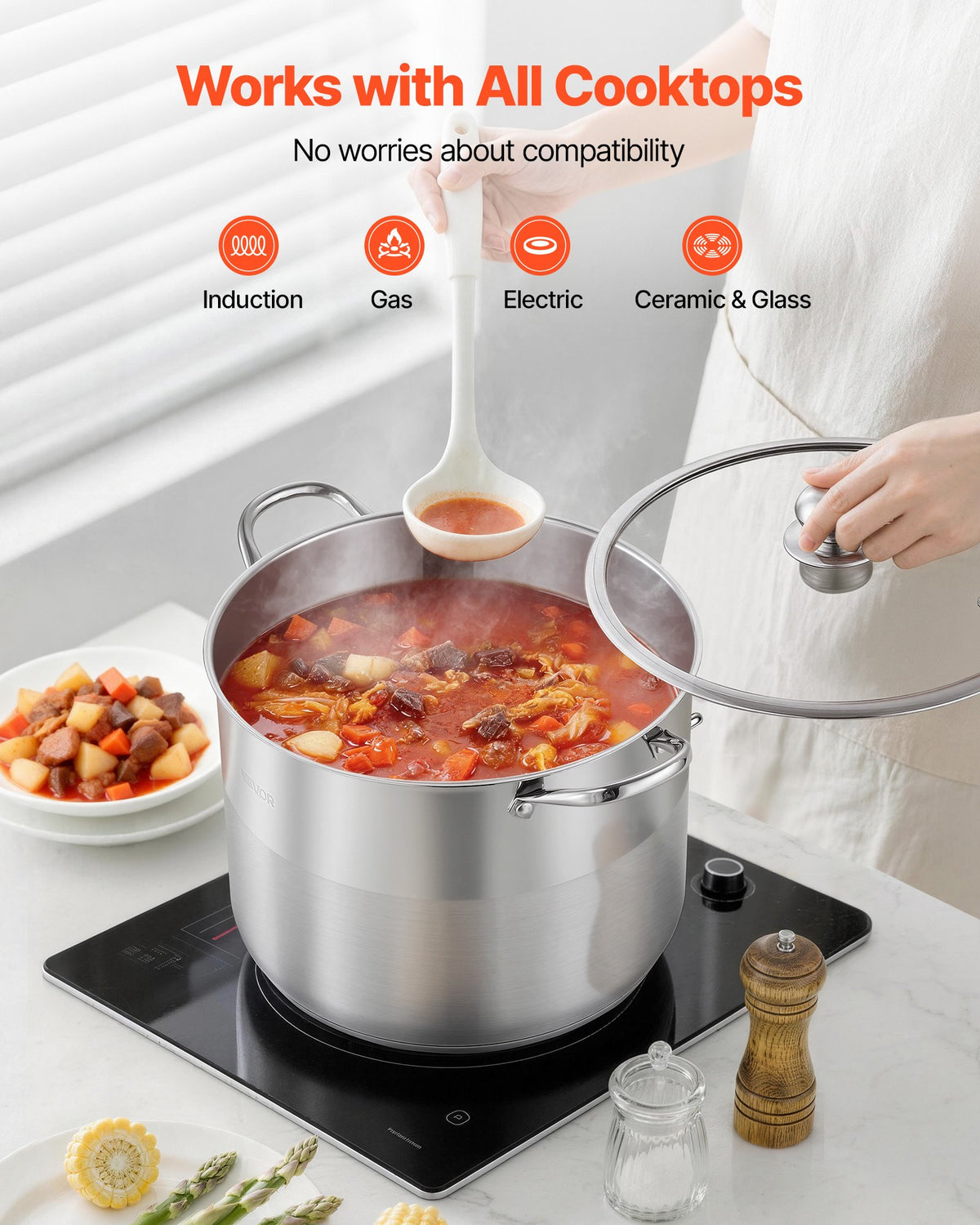 VEVOR Stainless Steel Stock Pot, 15.1 L Stainless Steel Stockpot with Glass Lid, PFOA-Free, PFAS-Free, Compatible with Gas Stoves, Induction Cooktops, Electric Stoves, for Soups, Stews, and Pasta