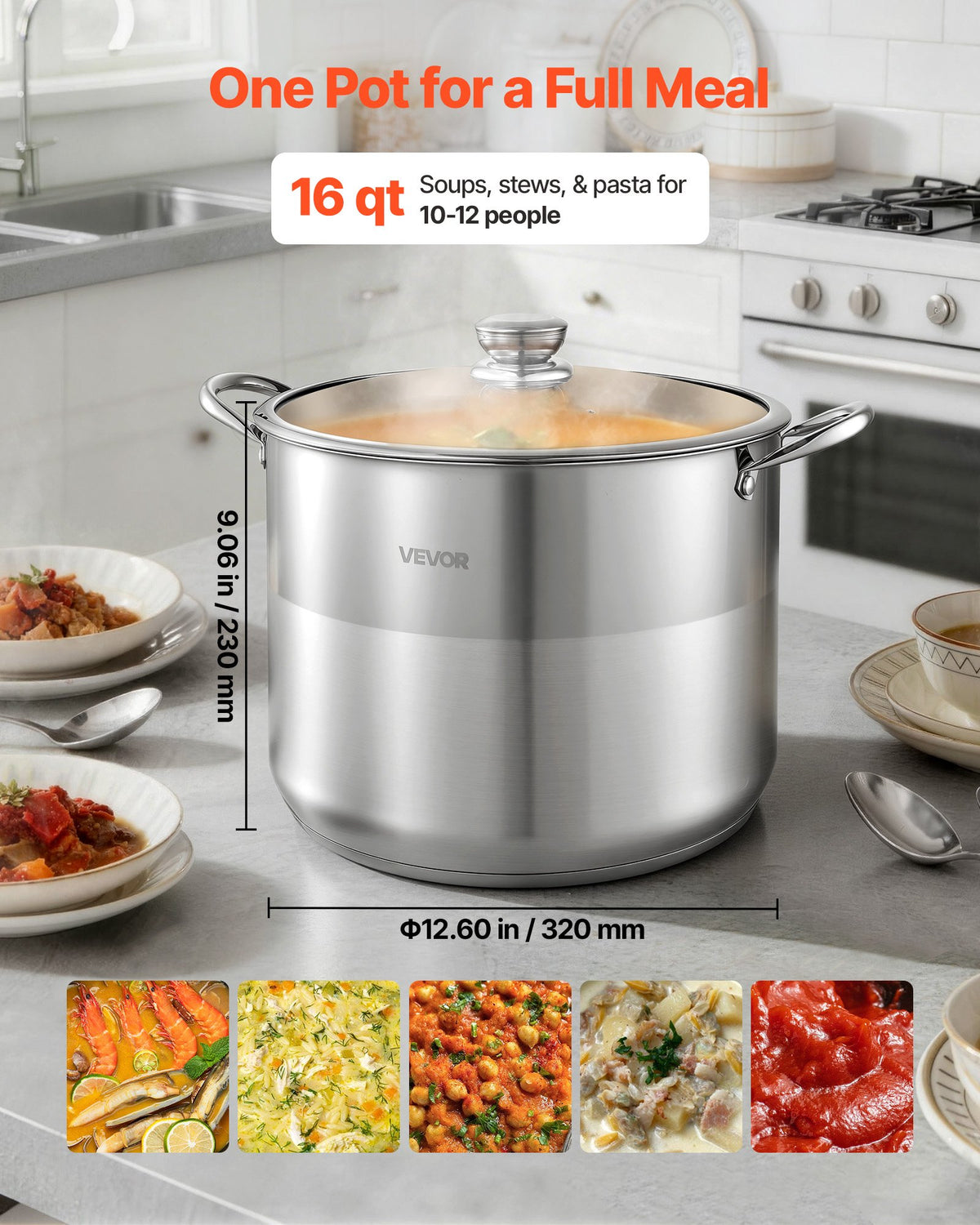 VEVOR Stainless Steel Stock Pot, 15.1 L Stainless Steel Stockpot with Glass Lid, PFOA-Free, PFAS-Free, Compatible with Gas Stoves, Induction Cooktops, Electric Stoves, for Soups, Stews, and Pasta