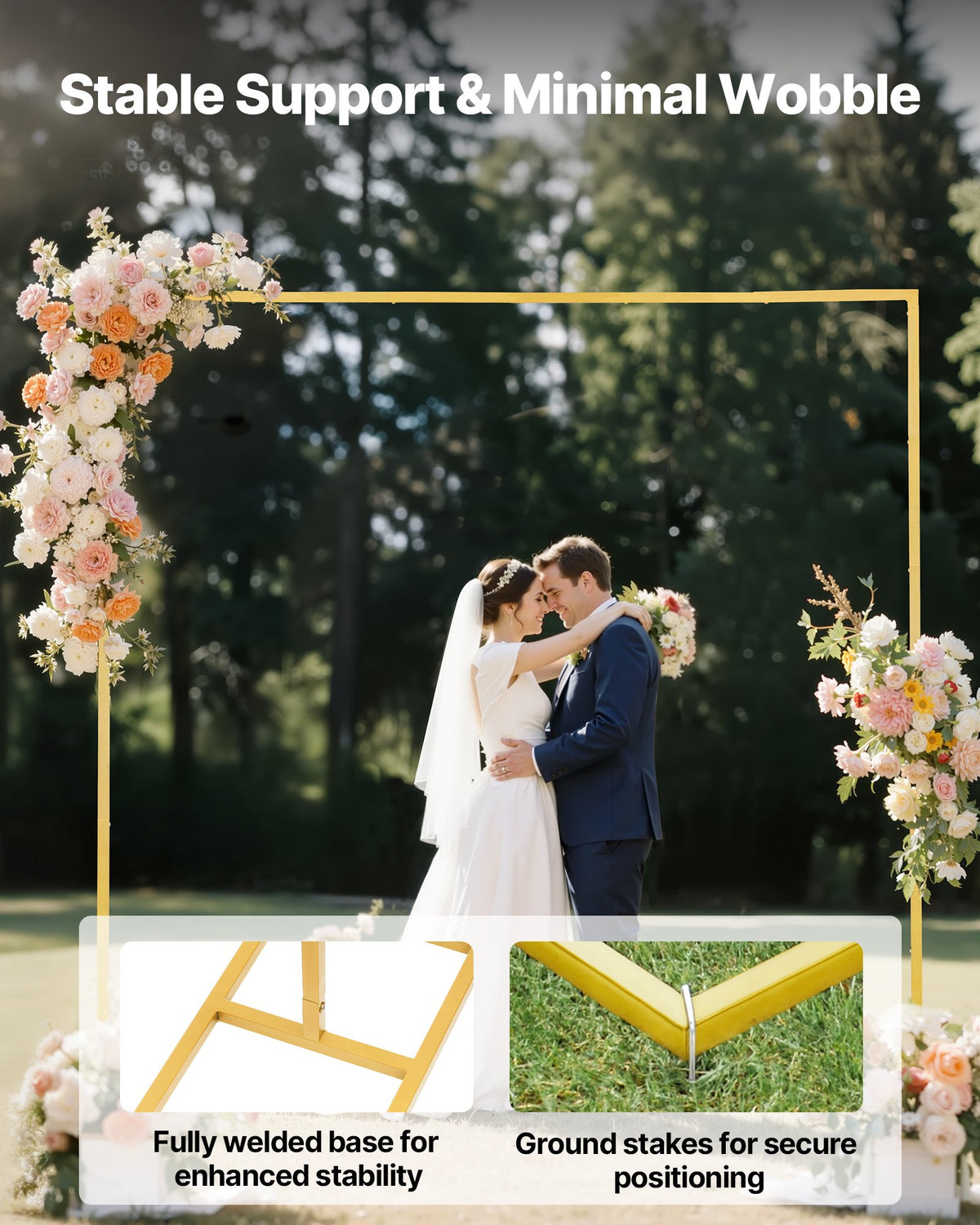 VEVOR Arch Backdrop Stand, 2.4 x 2.4 m, Stable Structure, Easy Assembly, Square Gold Metal Arch Backdrop Stand for Wedding, Birthday Party, Graduation, Holiday Celebration, and Ceremony Decoration