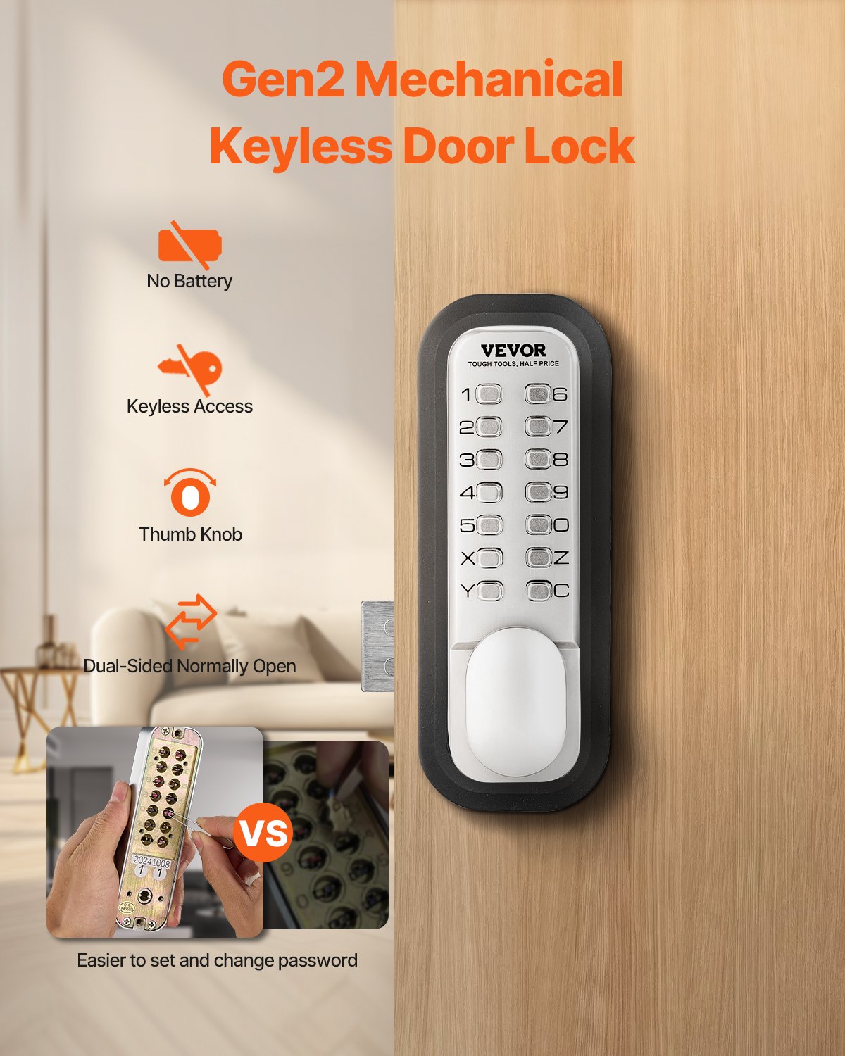 VEVOR Mechanical Keyless Entry Door Lock, 14 Key Mechanical Door Lock, Mechanical Keypad Door Lock with Adjustable Thumb Knob, Single-Side Zinc Alloy Waterproof Keyless Gate Lock, for Home Office