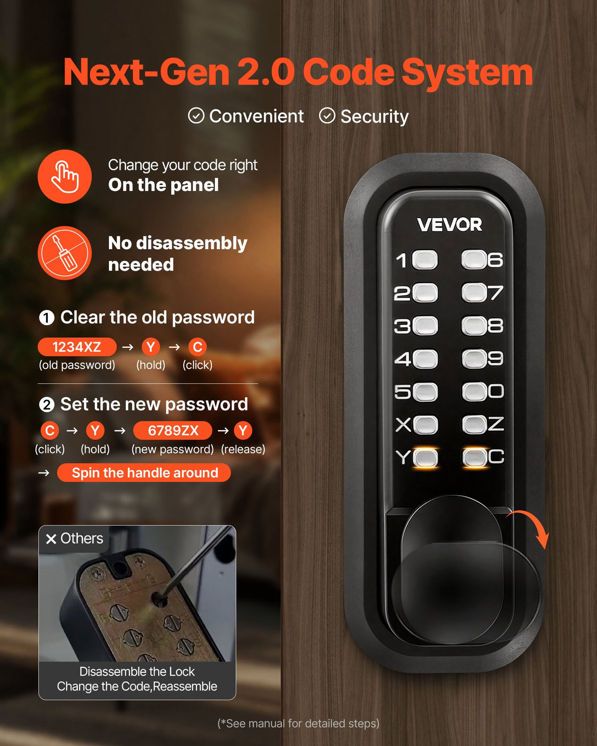 VEVOR Mechanical Keyless Entry Door Lock, 2.0 Code Upgrade, 4-7 Digits Code, Single-Sided Push Button Combination Mechanical Keypad Door Knob, Auto Locking, for Garden Gates, Indoor or Outdoor, Black
