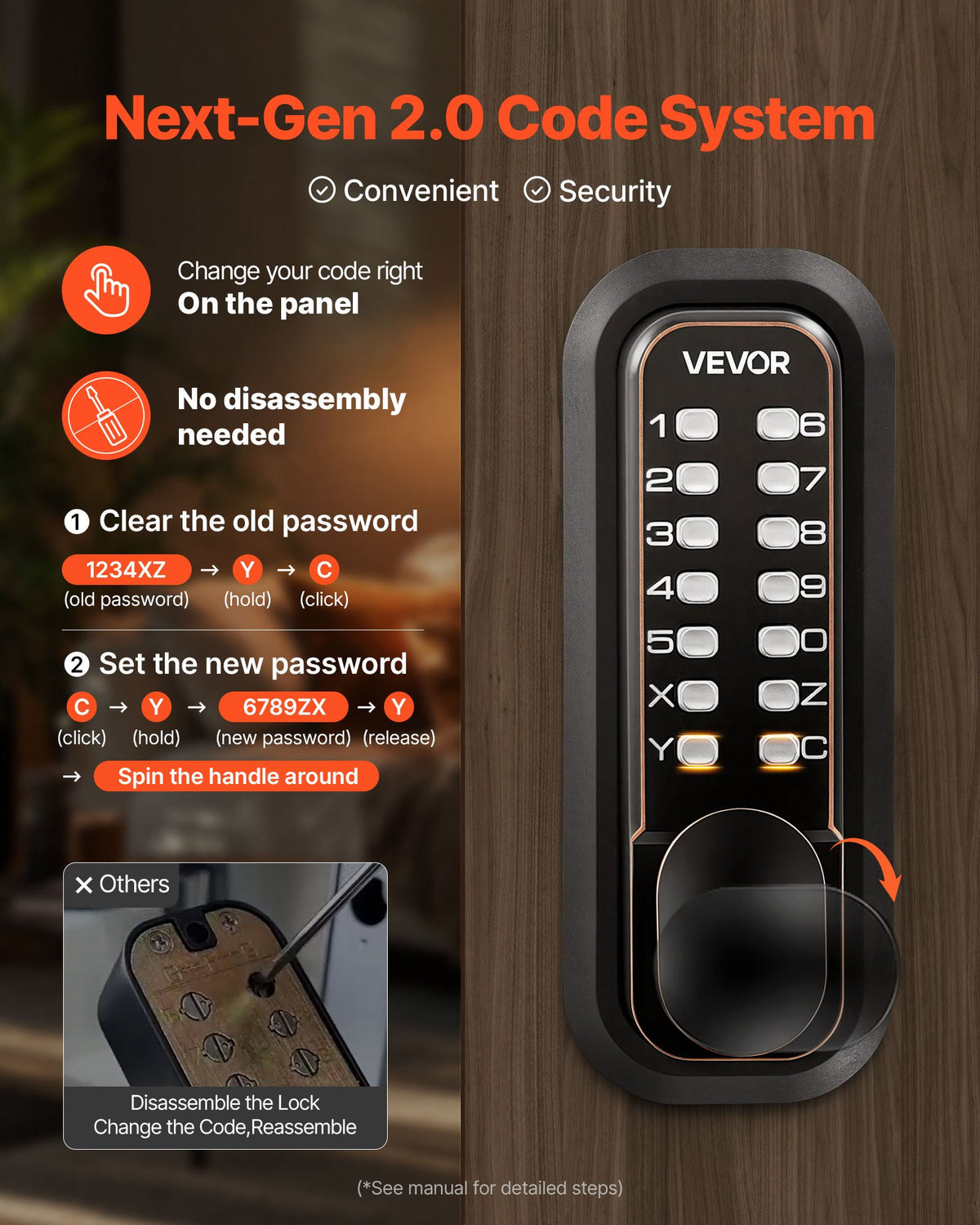 VEVOR Mechanical Keyless Entry Door Lock, 2.0 Code Upgrade, 4-7 Digits Code, Double-Sided Push Button Combination Mechanical Keypad Door Knob, Auto Locking, for Indoor or Outdoor, Oil-Rubbed Bronze