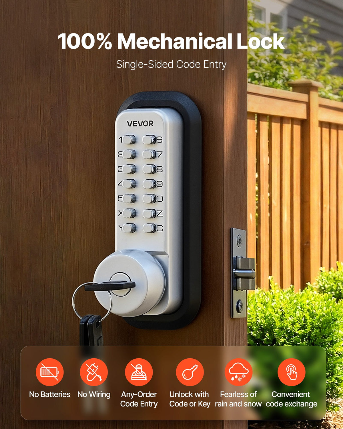 VEVOR Mechanical Keyless Entry Door Lock, 2.0 Code Upgrade, 4-7 Digits Code, Single-Sided Push Button Combination Mechanical Keypad Door Knob, Auto Locking, for Garden Gates, Indoor or Outdoor, Silver