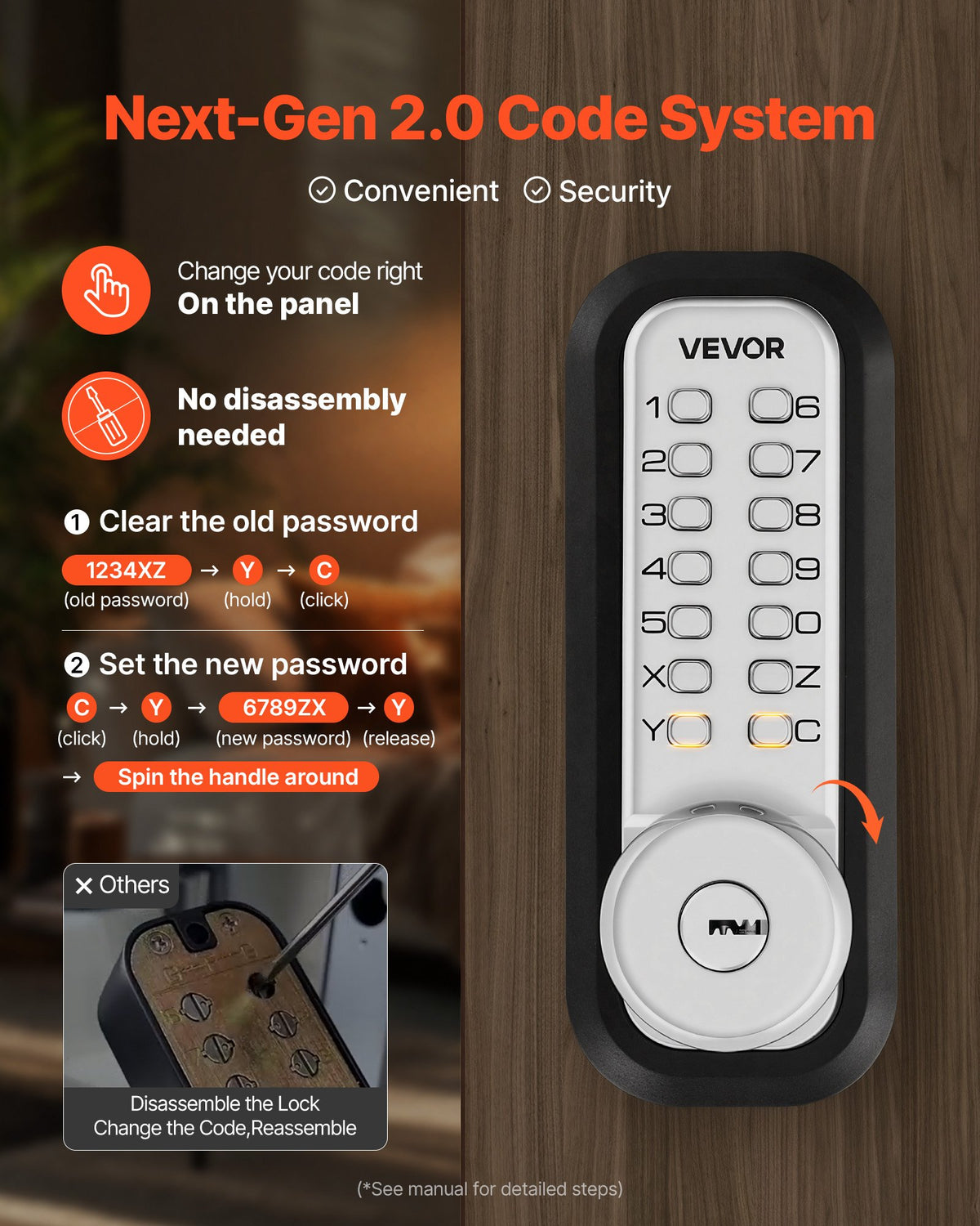 VEVOR Mechanical Keyless Entry Door Lock, 2.0 Code Upgrade, 4-7 Digits Code, Single-Sided Push Button Combination Mechanical Keypad Door Knob, Auto Locking, for Garden Gates, Indoor or Outdoor, Silver