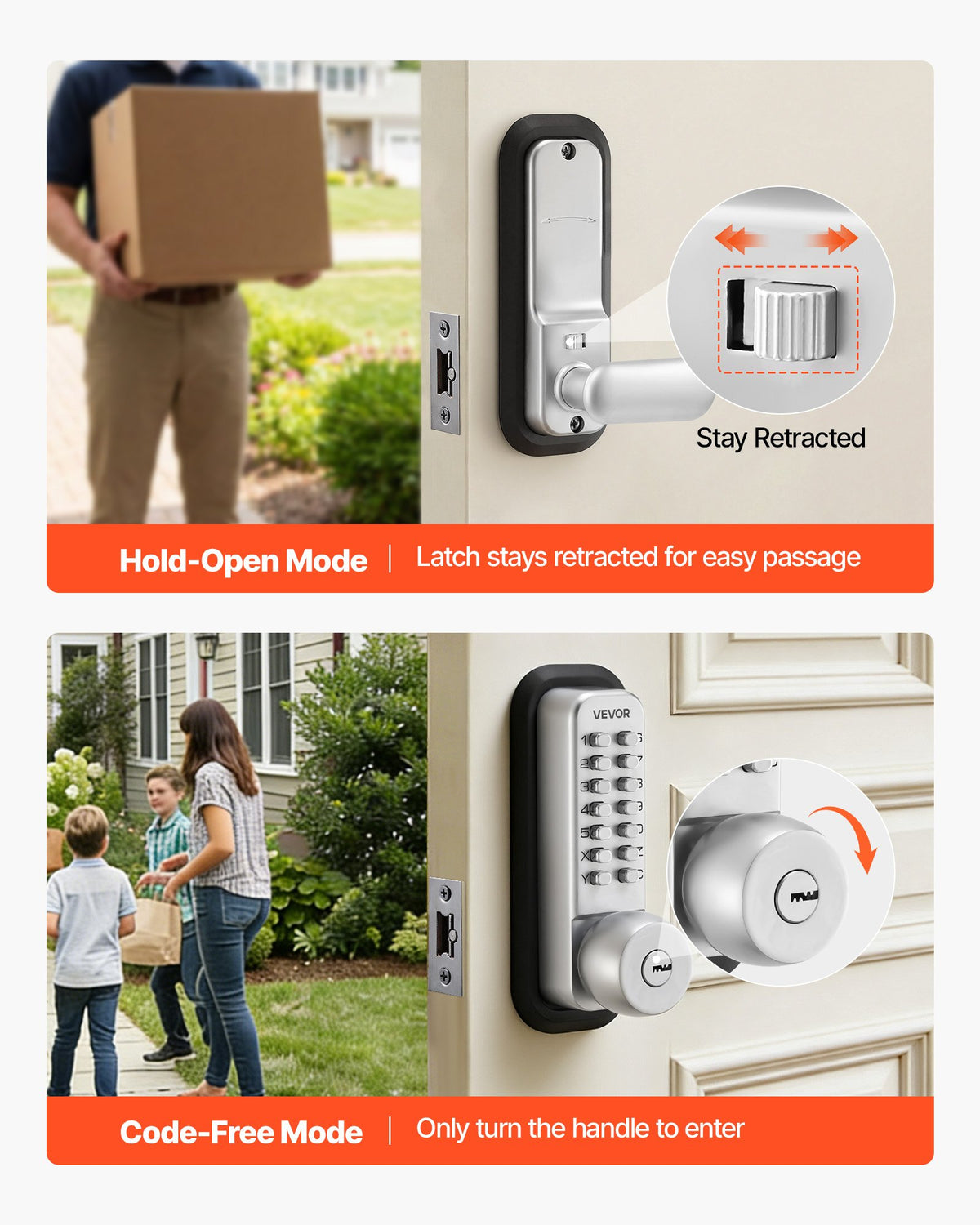 VEVOR Mechanical Keyless Entry Door Lock, 2.0 Code Upgrade, 4-7 Digits Code, Single-Sided Push Button Combination Mechanical Keypad Door Knob, Auto Locking, for Garden Gates, Indoor or Outdoor, Silver