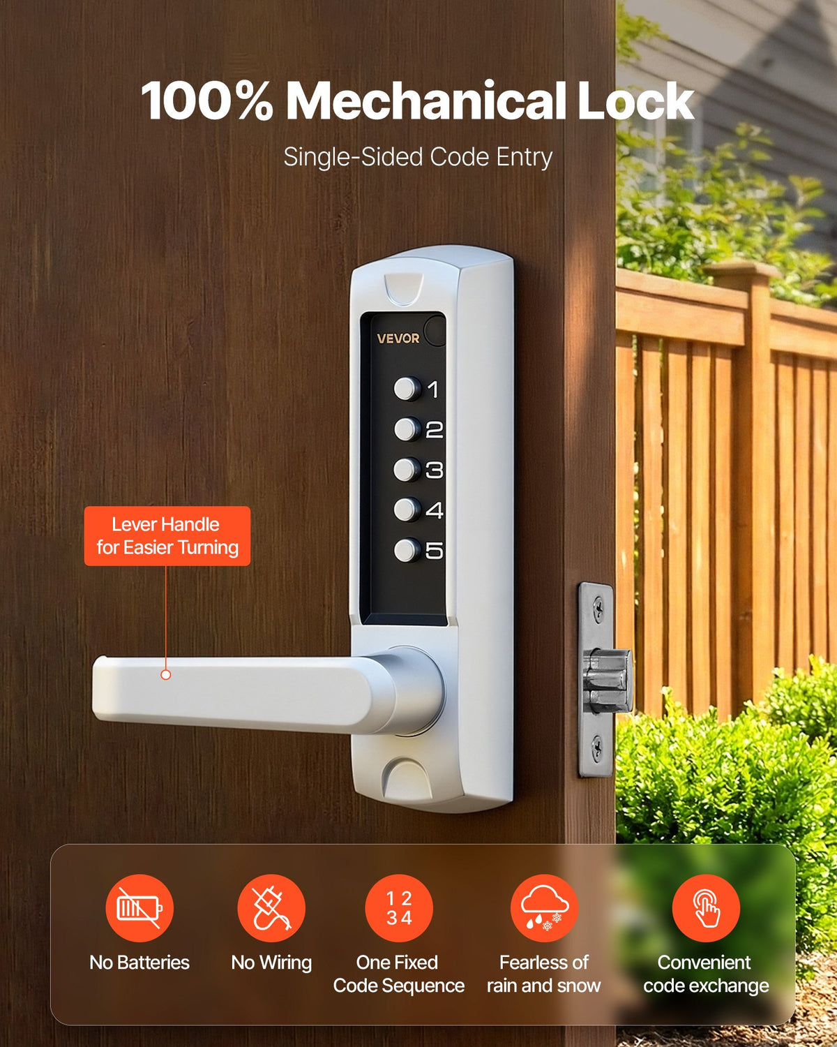 VEVOR Mechanical Keyless Entry Door Lock, 2.0 Code Upgrade, 5 Digits Code, Single-Sided Push Button Combination Keypad Door Lock with Handle, Auto Locking, for Garden Gates, Indoor or Outdoor, Silver