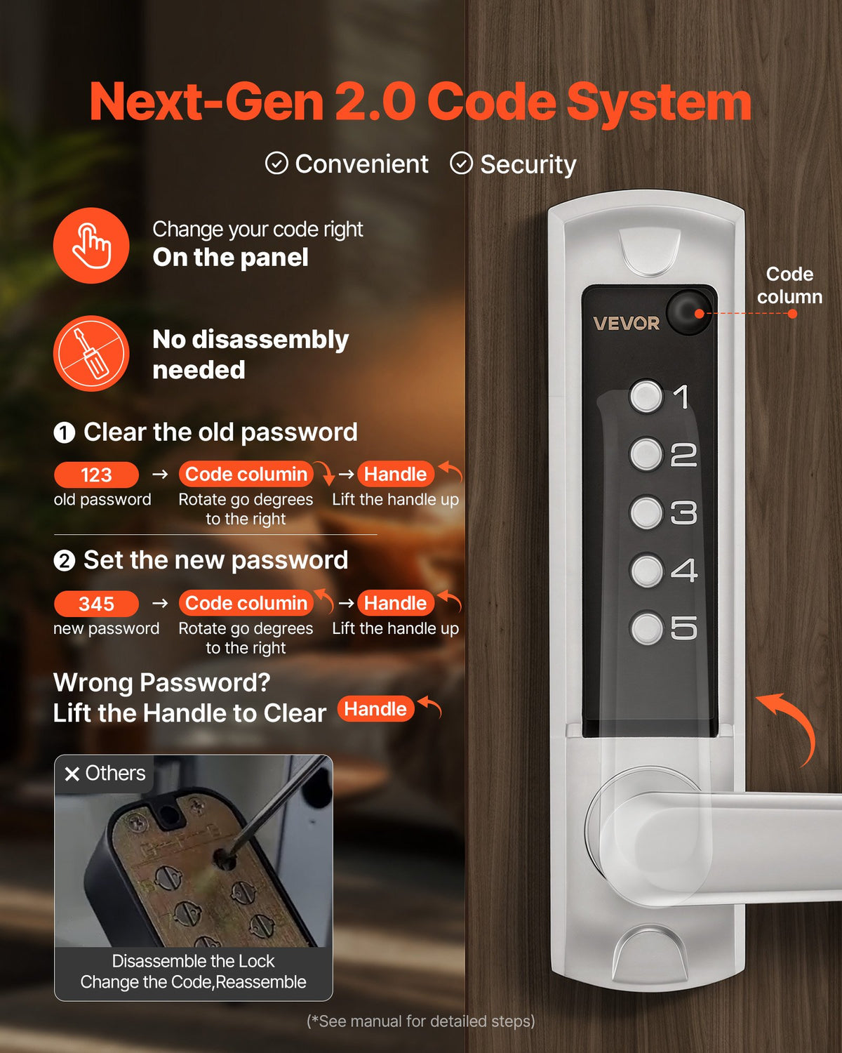 VEVOR Mechanical Keyless Entry Door Lock, 2.0 Code Upgrade, 5 Digits Code, Single-Sided Push Button Combination Keypad Door Lock with Handle, Auto Locking, for Garden Gates, Indoor or Outdoor, Silver