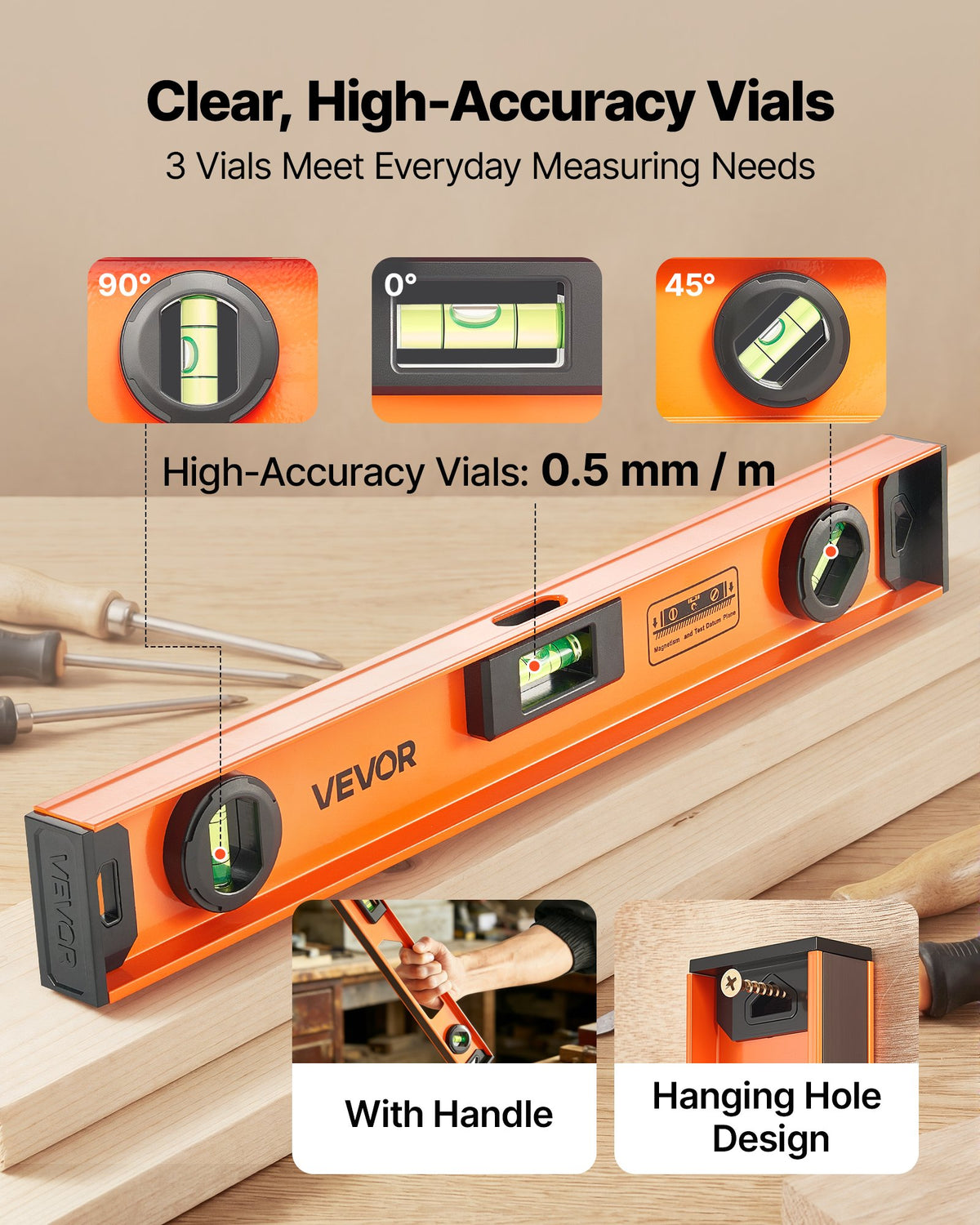 VEVOR Magnetic Level Set, 4-Piece (400/600/900/1200 mm), Aluminum Alloy I-Beam Bubble Leveler with Clear 3 Green Vials & Hanging Hole, Level Tool Ideal for Hanging Pictures, Home Improvement & DIY
