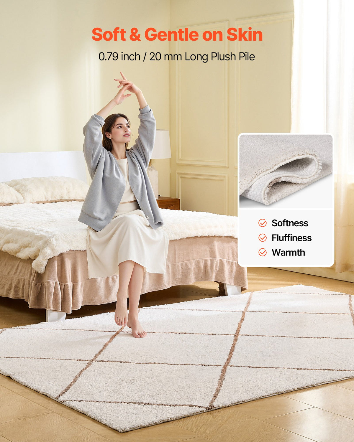 VEVOR Indoor Plush Area Rugs, 1.83 x 2.74 m Plush Carpet, Area Rugs Furry with Long Plushs Pile, Thick & Durable High-Pile Rug for High-Traffic Areas, Bedroom, Non-Shedding & Non-Slip Backing, Beige