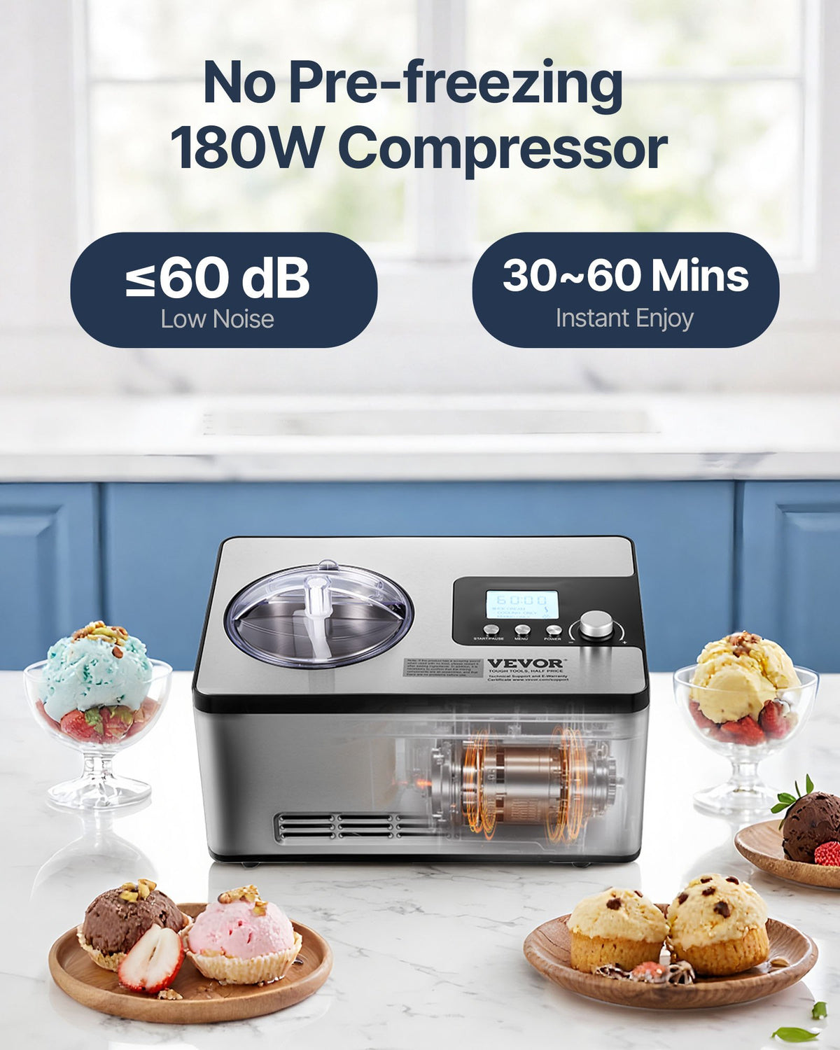 VEVOR 1.9 L Automatic Ice Cream Machine Electric Yogurt Gelato Make Silver