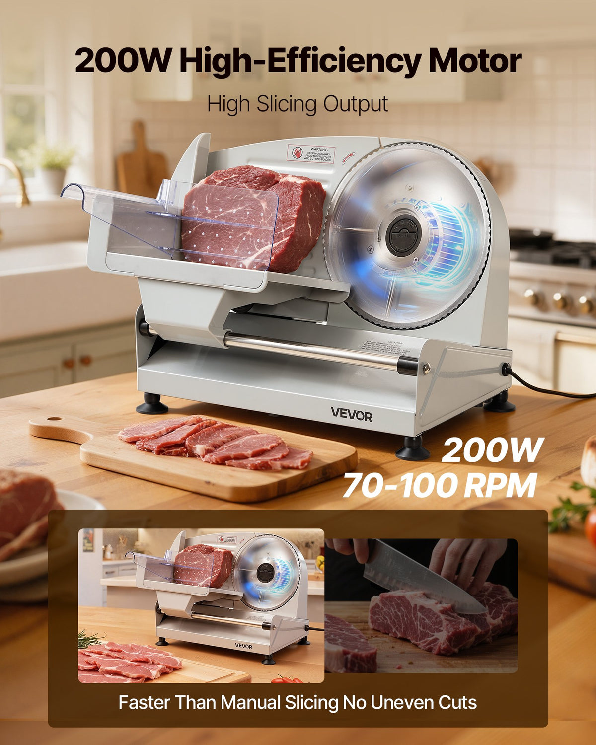 VEVOR Meat Slicer, Electric Deli Slicer with 190mm SUS420 Blade & 0-15mm Adjustable Thickness, 200W Home Food-Slicer for Frozen Meat, Ham, Baguett, Steak