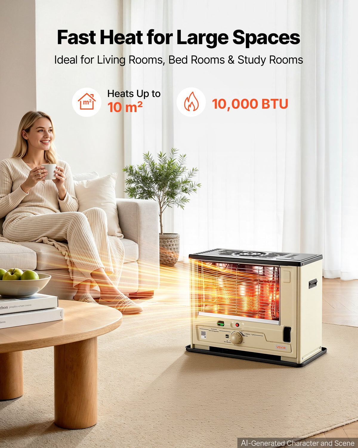 VEVOR Cordless Radiant Kerosene Heater, 10000 BTU Portable Space Heater, for Home, Garage, Camping, Workshop, Emergency, Outdoor Activity, with Flame Control, Tip-Over Shutoff, Funnel, Batteries