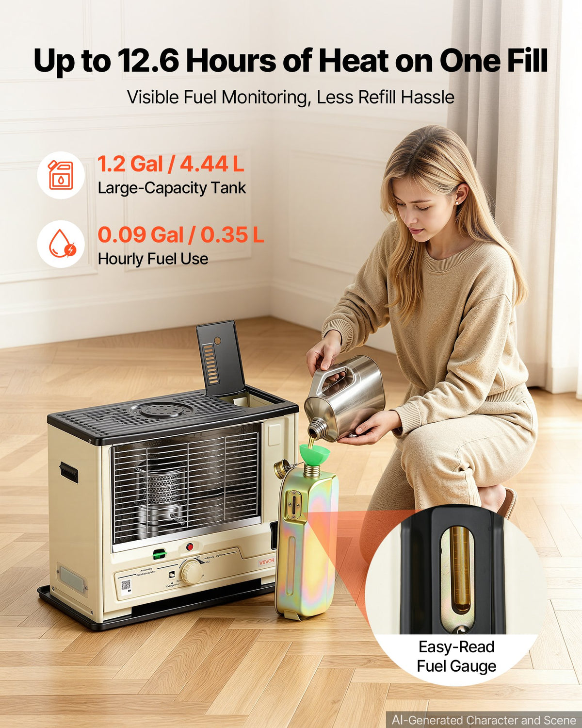 VEVOR Cordless Radiant Kerosene Heater, 10000 BTU Portable Space Heater, for Home, Garage, Camping, Workshop, Emergency, Outdoor Activity, with Flame Control, Tip-Over Shutoff, Funnel, Batteries
