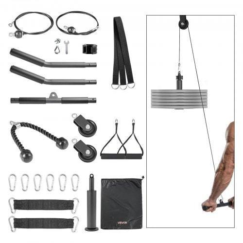 VEVOR Pulley System, 2 PCS LAT and Lift Pulley System, Gym Rack Pulleys Attachment with two Steel Cables, Short Bar, Dual Grip Handles, Cable Machine for Bicep, Shoulder, Back, Up to 150 kg Capacity