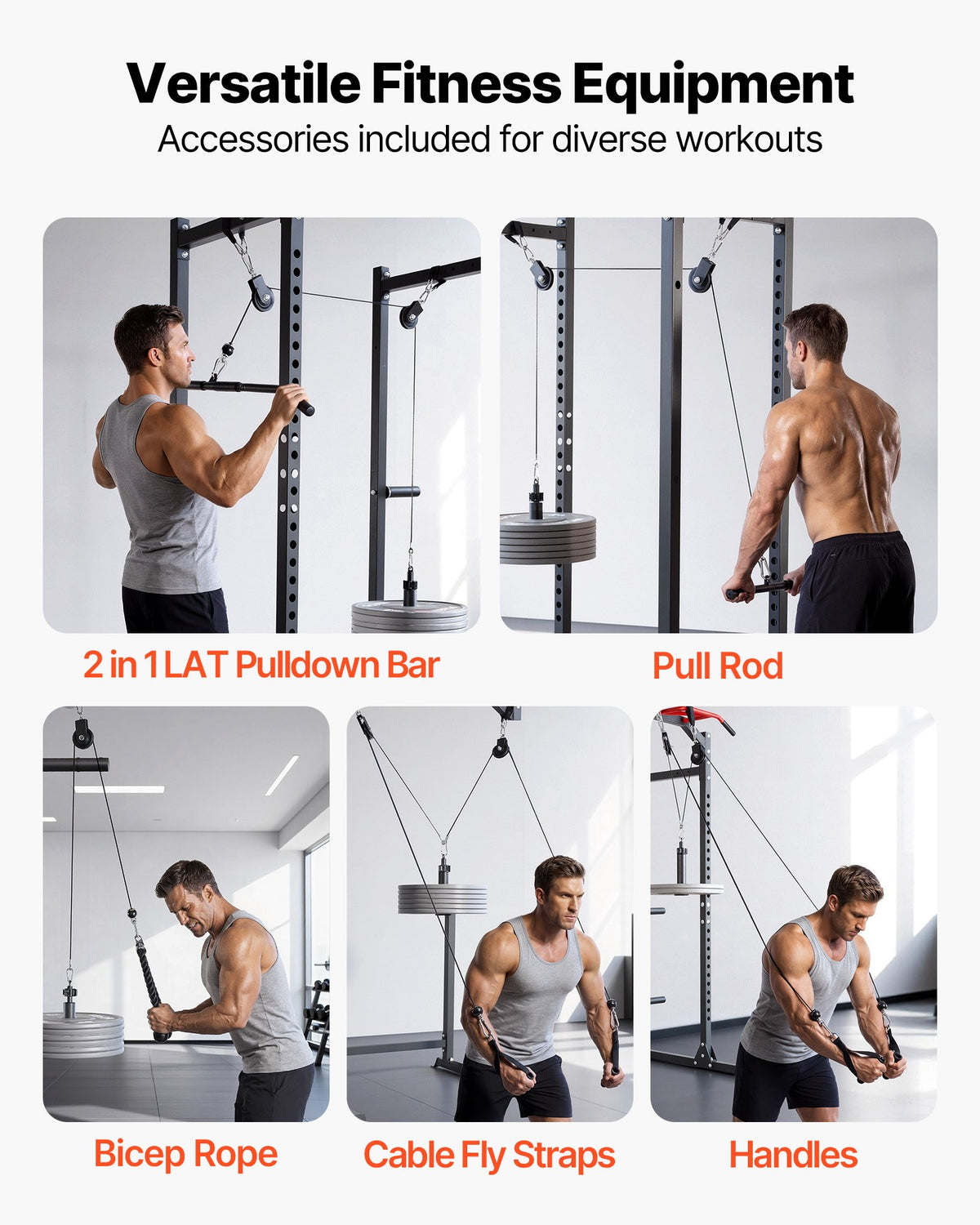 VEVOR Pulley System, 2 PCS LAT and Lift Pulley System, Gym Rack Pulleys Attachment with two Steel Cables, Short Bar, Dual Grip Handles, Cable Machine for Bicep, Shoulder, Back, Up to 150 kg Capacity