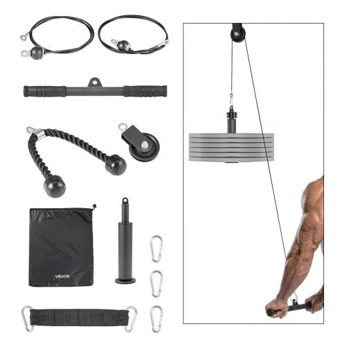 VEVOR Pulley System, 1 PC LAT and Lift Pulley System, Gym Rack Pulleys Attachment with two Steel Cables, Short Bar, Dual Grip Handles, Cable Machine for Bicep, Shoulder, Back, Up to 127 kg Capacity