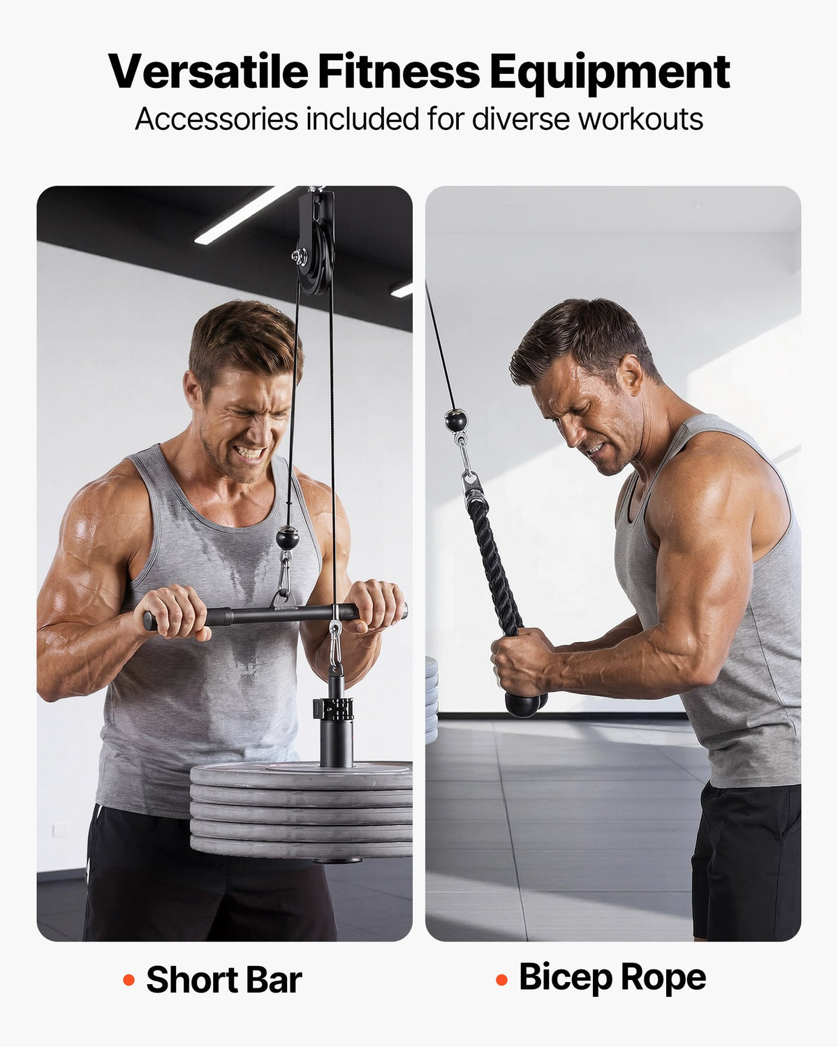 VEVOR Pulley System, 1 PC LAT and Lift Pulley System, Gym Rack Pulleys Attachment with two Steel Cables, Short Bar, Dual Grip Handles, Cable Machine for Bicep, Shoulder, Back, Up to 127 kg Capacity