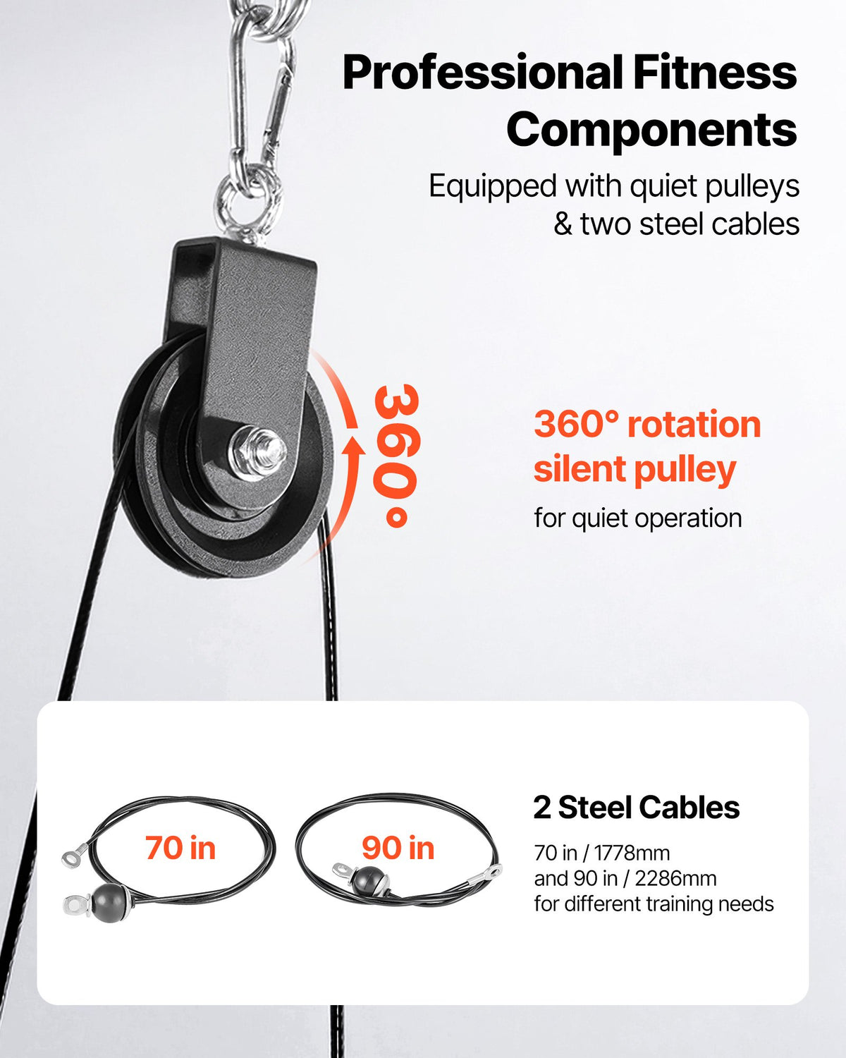 VEVOR Pulley System, 1 PC LAT and Lift Pulley System, Gym Rack Pulleys Attachment with two Steel Cables, Short Bar, Dual Grip Handles, Cable Machine for Bicep, Shoulder, Back, Up to 127 kg Capacity