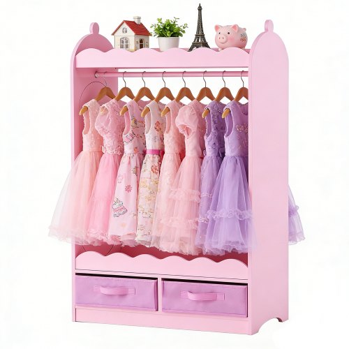 VEVOR Kids Dress Up Storage, with Mirror, Toddler Costume Wardrobe with Drawer, Dress Up Wardrobe Closet for Little Girls, Pretend Storage Dresser, Costume Organizer, for Bedroom, Kids Room, Pink
