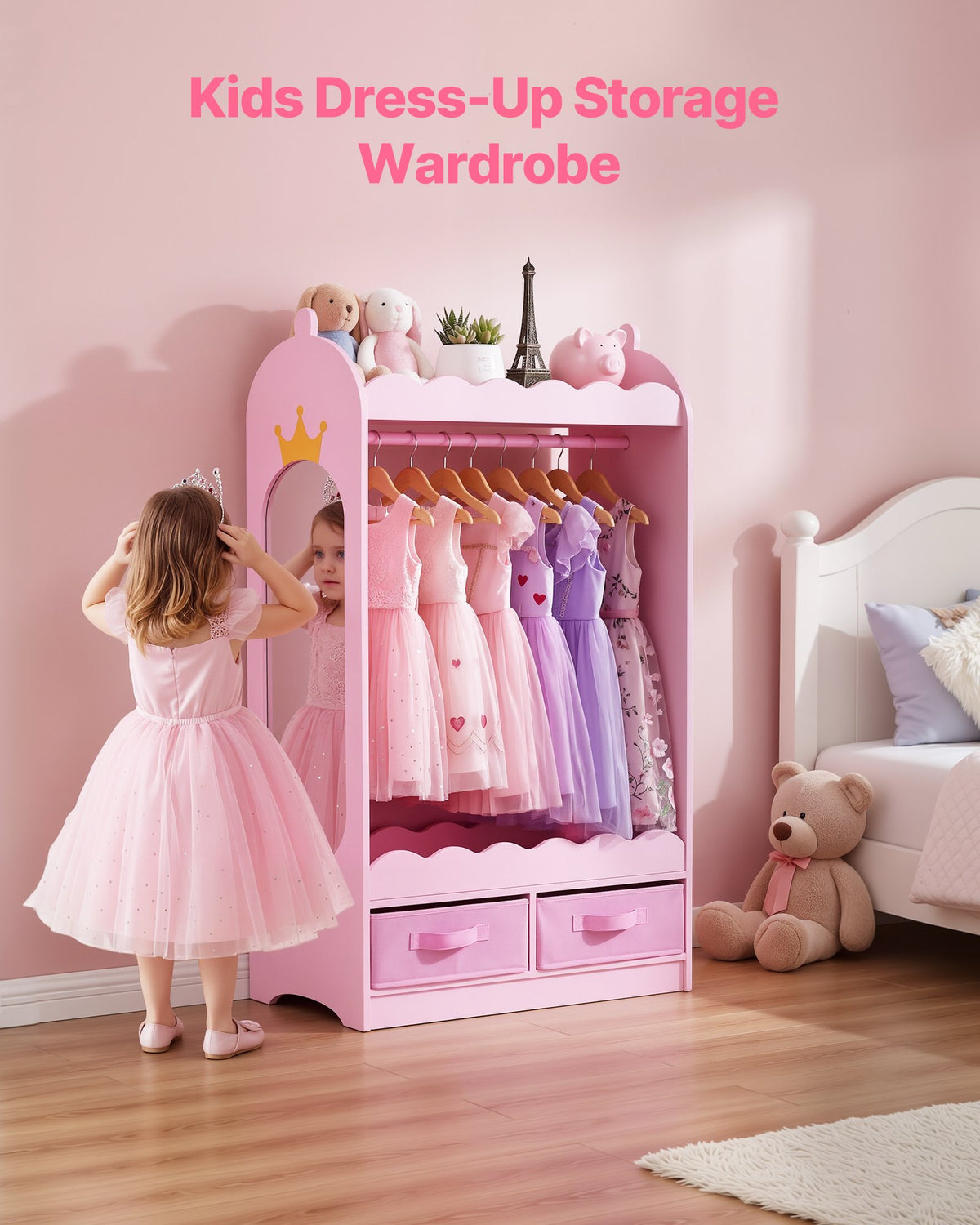 VEVOR Kids Dress Up Storage, with Mirror, Toddler Costume Wardrobe with Drawer, Dress Up Wardrobe Closet for Little Girls, Pretend Storage Dresser, Costume Organizer, for Bedroom, Kids Room, Pink