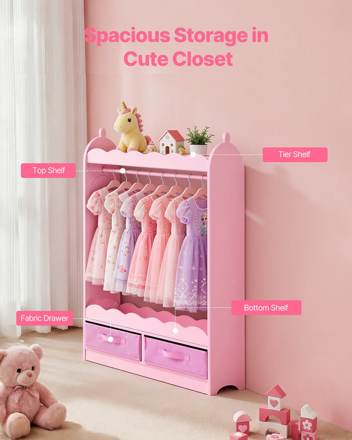 VEVOR Kids Dress Up Storage, with Mirror, Toddler Costume Wardrobe with Drawer, Dress Up Wardrobe Closet for Little Girls, Pretend Storage Dresser, Costume Organizer, for Bedroom, Kids Room, Pink