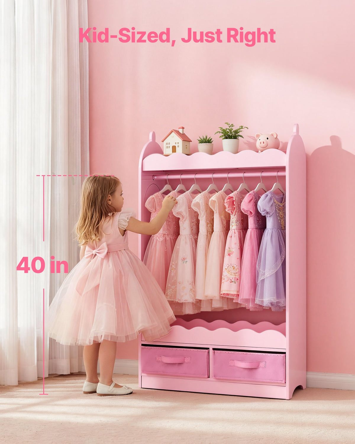 VEVOR Kids Dress Up Storage, with Mirror, Toddler Costume Wardrobe with Drawer, Dress Up Wardrobe Closet for Little Girls, Pretend Storage Dresser, Costume Organizer, for Bedroom, Kids Room, Pink