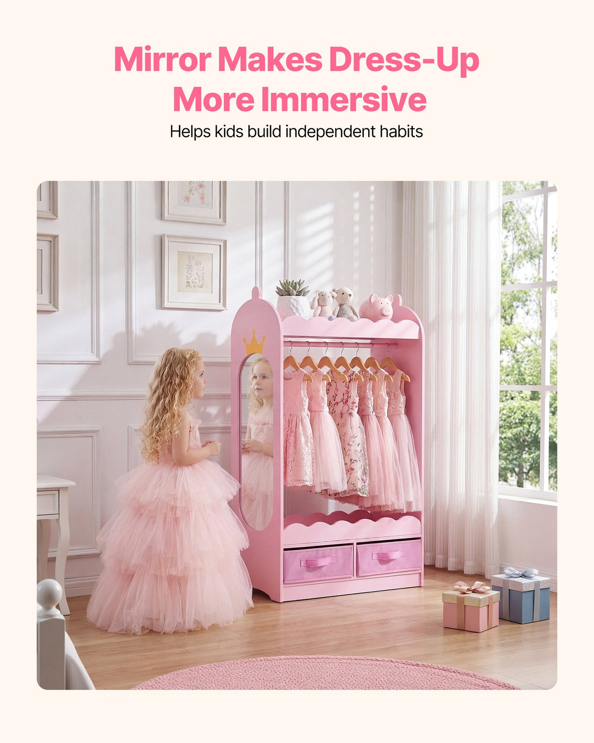 VEVOR Kids Dress Up Storage, with Mirror, Toddler Costume Wardrobe with Drawer, Dress Up Wardrobe Closet for Little Girls, Pretend Storage Dresser, Costume Organizer, for Bedroom, Kids Room, Pink