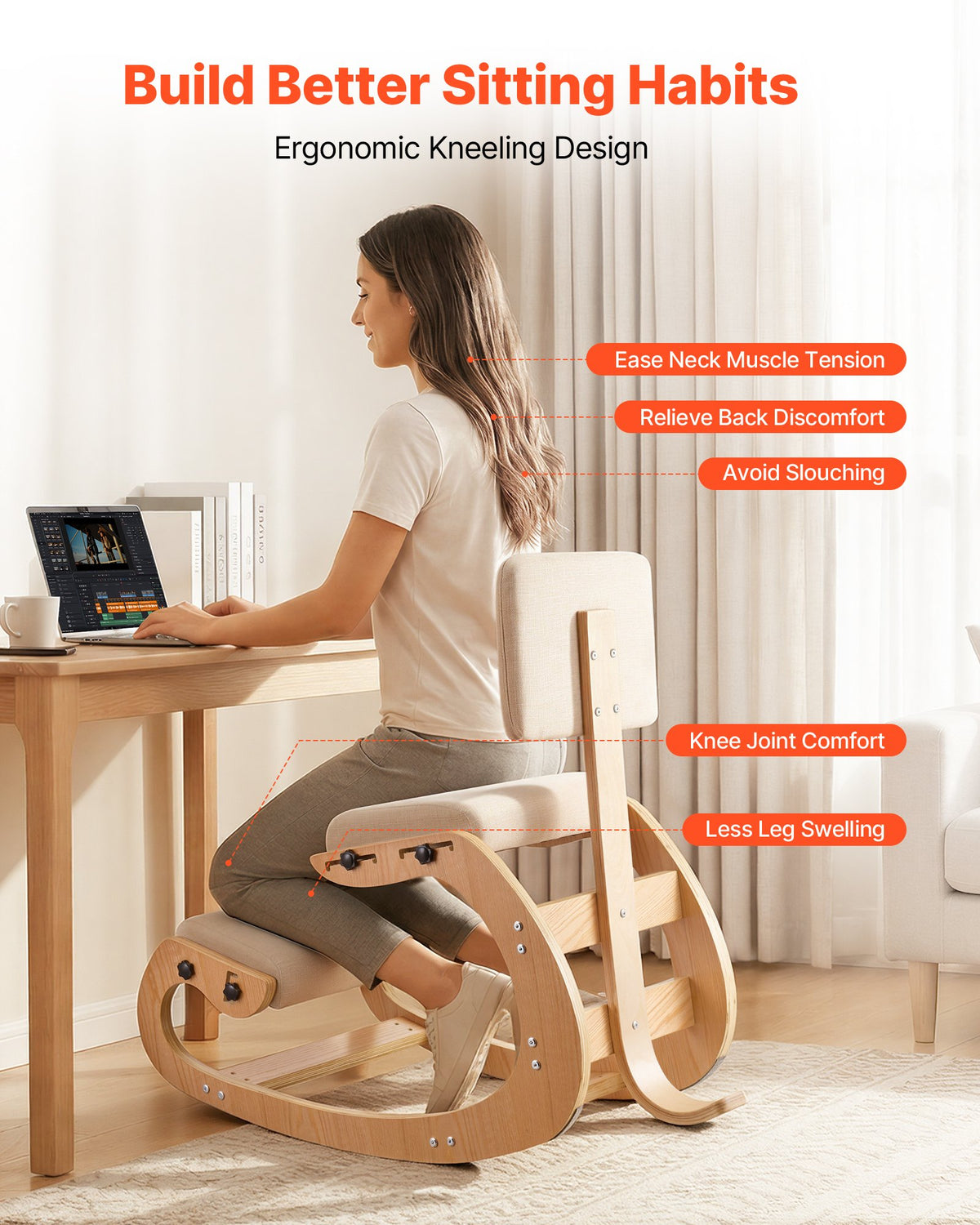 VEVOR Ergonomic Kneeling Chair, Wooden Posture Knee Chair with Adjustable Thick Foam Cushions, Backrest and Wood Frame, Adjustable Height, Relief for Neck or Back Pain for Home, Office or Meditation
