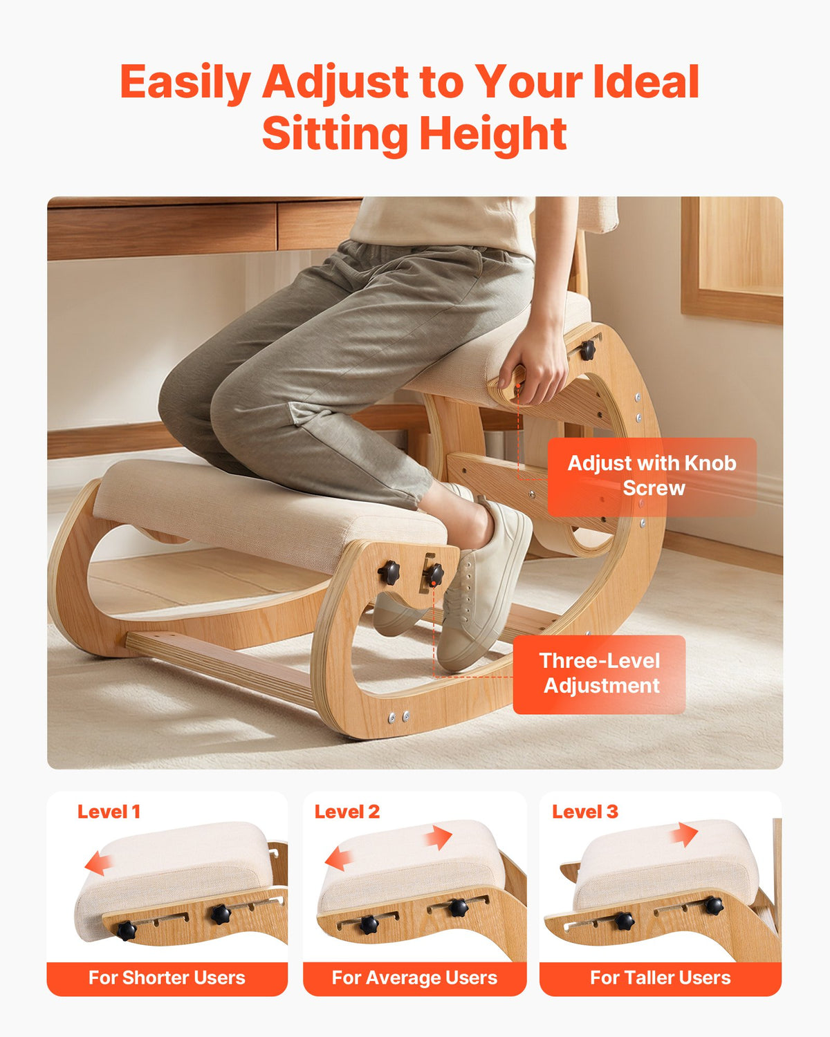 VEVOR Ergonomic Kneeling Chair, Wooden Posture Knee Chair with Adjustable Thick Foam Cushions, Backrest and Wood Frame, Adjustable Height, Relief for Neck or Back Pain for Home, Office or Meditation
