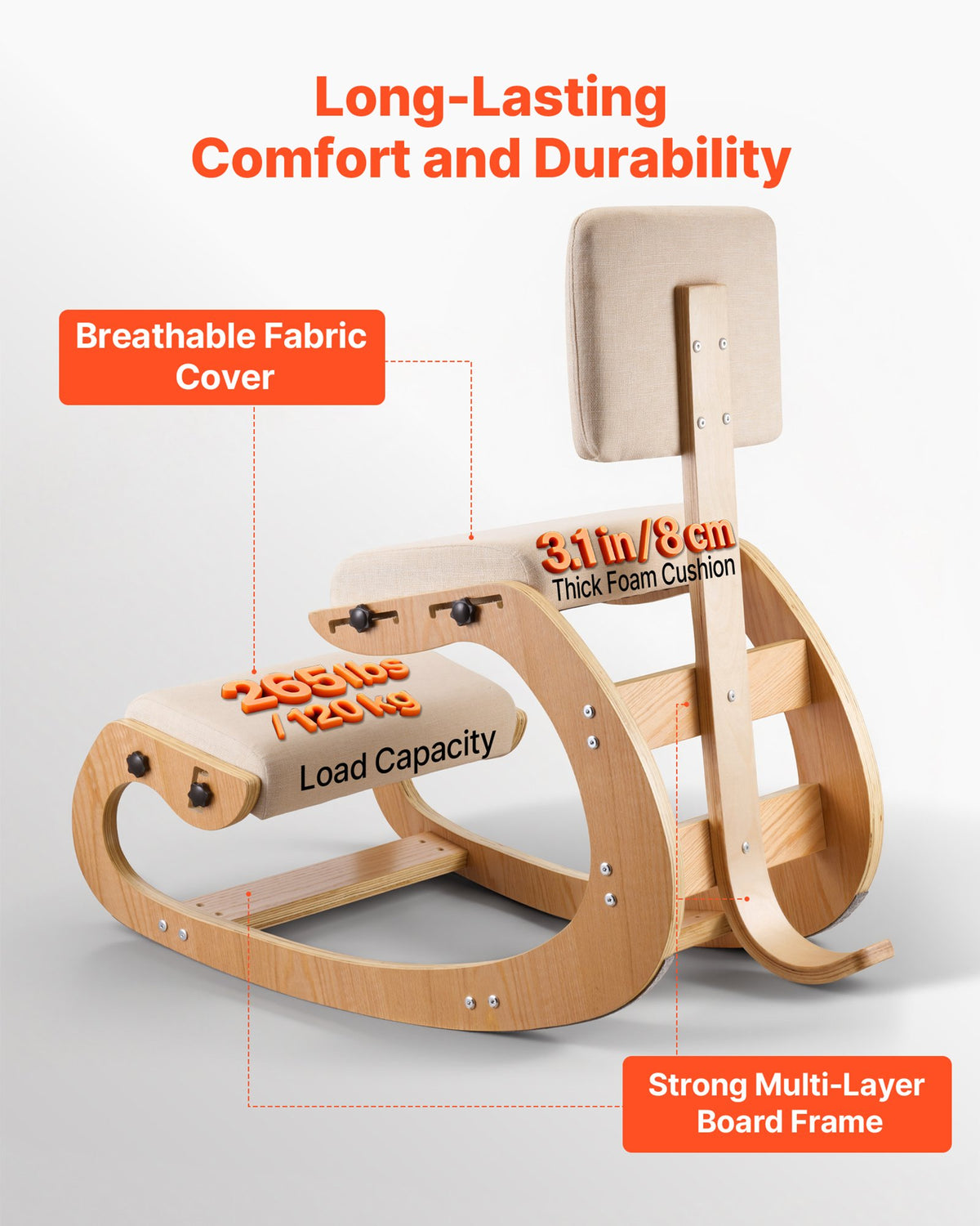 VEVOR Ergonomic Kneeling Chair, Wooden Posture Knee Chair with Adjustable Thick Foam Cushions, Backrest and Wood Frame, Adjustable Height, Relief for Neck or Back Pain for Home, Office or Meditation