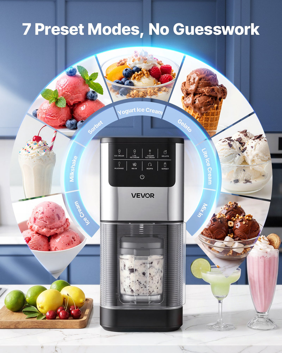 VEVOR Ice Cream Maker, 7-in-1 Frozen Treat Maker for Gelato, Sorbet, Milkshake, Frozen Yogurt & Lite Ice Cream, Homemade Ice-Cream Machine with One-Touch Mix-in + Respin for Smooth, Creamy Texture