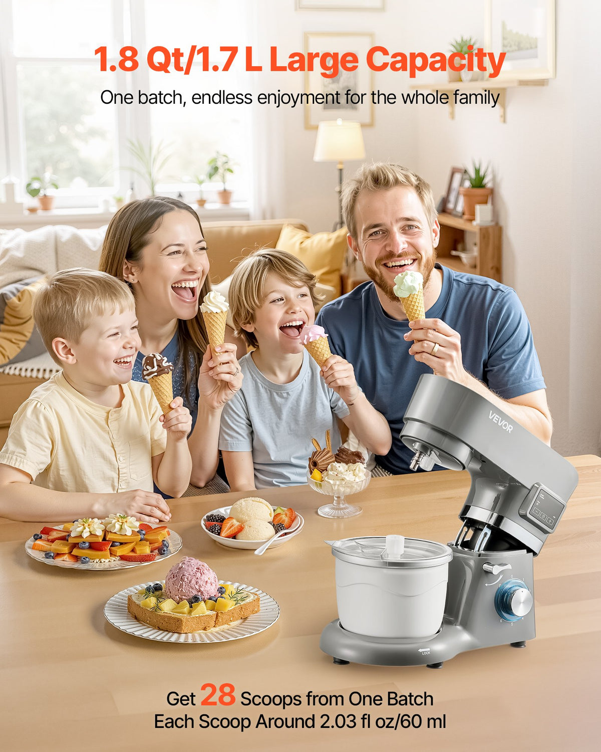 VEVOR Ice Cream Maker, 1.7 L Capacity, 6-Speed Electric Stand Mixer, with LED Digital Display & Timer, Mixing Paddle, Dough Hook, Splash Guard, for Homemade Frozen Yogurt Fruit Sorbet Gelato, Grey