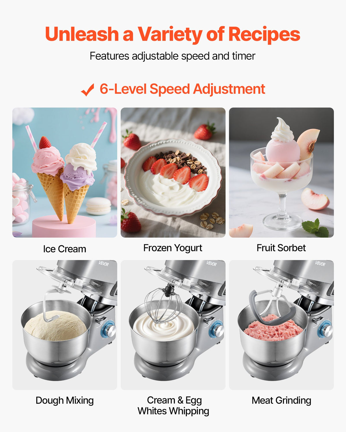 VEVOR Ice Cream Maker, 1.7 L Capacity, 6-Speed Electric Stand Mixer, with LED Digital Display & Timer, Mixing Paddle, Dough Hook, Splash Guard, for Homemade Frozen Yogurt Fruit Sorbet Gelato, Grey